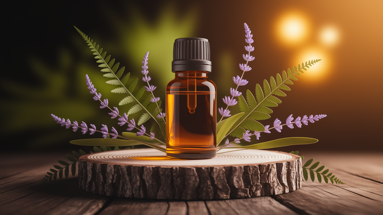 A conceptual illustration representing Understanding Health Risks of Essential Oils. Visualize the main ideas: . Creative but clear representation of the concept. Style: Use shallow depth of field with selective focus to create a professional, intimate feel  Employ warm, natural lighting that casts a honey-golden glow on the main subjects  Position items on a rustic wooden surface, preferably a cross-section of a tree trunk with visible rings and natural texture  Incorporate vibrant green foliage and delicate purple flowers around the composition's edges  Maintain a soft, gently blurred natural background with subtle bokeh effect  Feature a harmonious color palette of amber, deep greens, and soft purples  Arrange elements at varying heights to create visual interest and natural flow  Create a clean, uncluttered composition that feels organic yet intentional  Capture fine details and textures with macro-photography techniques  Evoke a serene, botanical spa-like atmosphere that feels both premium and natural. high quality, detailed, professional, clean composition, good lighting, sharp focus, well-composed. high quality, professional, detailed, well-composed