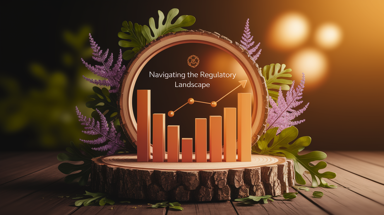 A conceptual illustration representing Navigating the Regulatory Landscape. Visualize the main ideas: . Creative but clear representation of the concept. Style: Use shallow depth of field with selective focus to create a professional, intimate feel  Employ warm, natural lighting that casts a honey-golden glow on the main subjects  Position items on a rustic wooden surface, preferably a cross-section of a tree trunk with visible rings and natural texture  Incorporate vibrant green foliage and delicate purple flowers around the composition's edges  Maintain a soft, gently blurred natural background with subtle bokeh effect  Feature a harmonious color palette of amber, deep greens, and soft purples  Arrange elements at varying heights to create visual interest and natural flow  Create a clean, uncluttered composition that feels organic yet intentional  Capture fine details and textures with macro-photography techniques  Evoke a serene, botanical spa-like atmosphere that feels both premium and natural. high quality, detailed, professional, clean composition, good lighting, sharp focus, well-composed. high quality, professional, detailed, well-composed