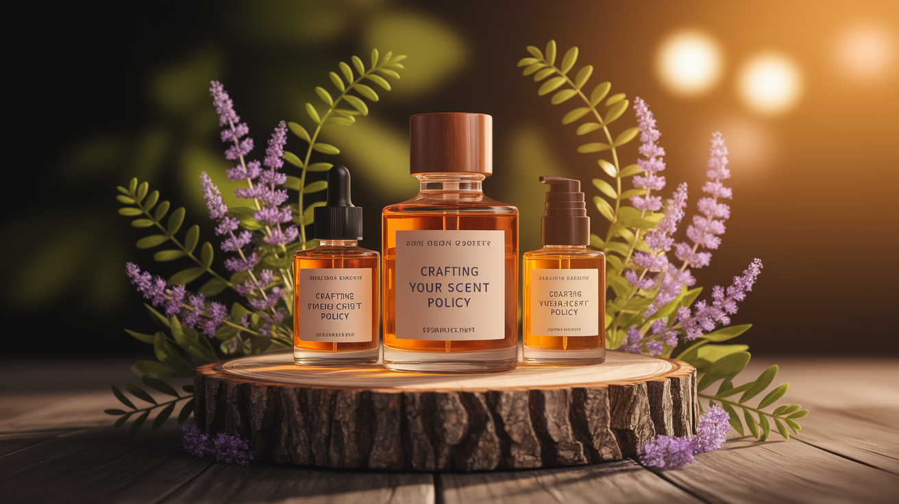 A conceptual illustration representing Crafting Your Scent Policy. Visualize the main ideas: . Creative but clear representation of the concept. Style: Use shallow depth of field with selective focus to create a professional, intimate feel  Employ warm, natural lighting that casts a honey-golden glow on the main subjects  Position items on a rustic wooden surface, preferably a cross-section of a tree trunk with visible rings and natural texture  Incorporate vibrant green foliage and delicate purple flowers around the composition's edges  Maintain a soft, gently blurred natural background with subtle bokeh effect  Feature a harmonious color palette of amber, deep greens, and soft purples  Arrange elements at varying heights to create visual interest and natural flow  Create a clean, uncluttered composition that feels organic yet intentional  Capture fine details and textures with macro-photography techniques  Evoke a serene, botanical spa-like atmosphere that feels both premium and natural. high quality, detailed, professional, clean composition, good lighting, sharp focus, well-composed. high quality, professional, detailed, well-composed