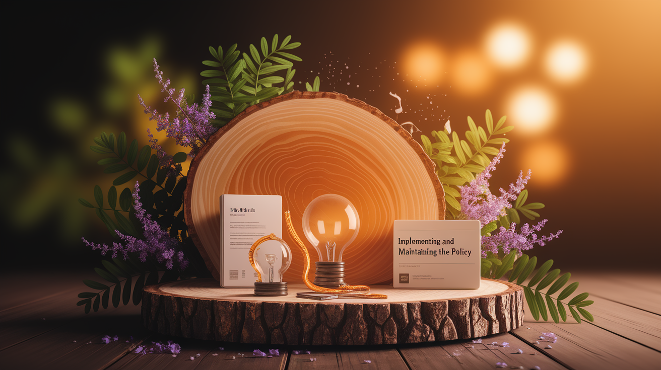 A conceptual illustration representing Implementing and Maintaining the Policy. Visualize the main ideas: . Creative but clear representation of the concept. Style: Use shallow depth of field with selective focus to create a professional, intimate feel  Employ warm, natural lighting that casts a honey-golden glow on the main subjects  Position items on a rustic wooden surface, preferably a cross-section of a tree trunk with visible rings and natural texture  Incorporate vibrant green foliage and delicate purple flowers around the composition's edges  Maintain a soft, gently blurred natural background with subtle bokeh effect  Feature a harmonious color palette of amber, deep greens, and soft purples  Arrange elements at varying heights to create visual interest and natural flow  Create a clean, uncluttered composition that feels organic yet intentional  Capture fine details and textures with macro-photography techniques  Evoke a serene, botanical spa-like atmosphere that feels both premium and natural. high quality, detailed, professional, clean composition, good lighting, sharp focus, well-composed. high quality, professional, detailed, well-composed