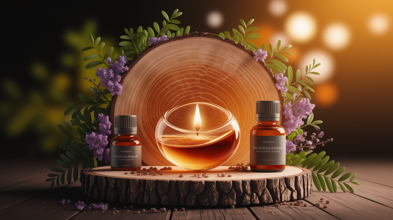 A conceptual illustration representing Infinite Aroma Unpacked. Visualize the main ideas: . Creative but clear representation of the concept. Style: Use shallow depth of field with selective focus to create a professional, intimate feel  Employ warm, natural lighting that casts a honey-golden glow on the main subjects  Position items on a rustic wooden surface, preferably a cross-section of a tree trunk with visible rings and natural texture  Incorporate vibrant green foliage and delicate purple flowers around the composition's edges  Maintain a soft, gently blurred natural background with subtle bokeh effect  Feature a harmonious color palette of amber, deep greens, and soft purples  Arrange elements at varying heights to create visual interest and natural flow  Create a clean, uncluttered composition that feels organic yet intentional  Capture fine details and textures with macro-photography techniques  Evoke a serene, botanical spa-like atmosphere that feels both premium and natural. high quality, detailed, professional, clean composition, good lighting, sharp focus, well-composed. high quality, professional, detailed, well-composed