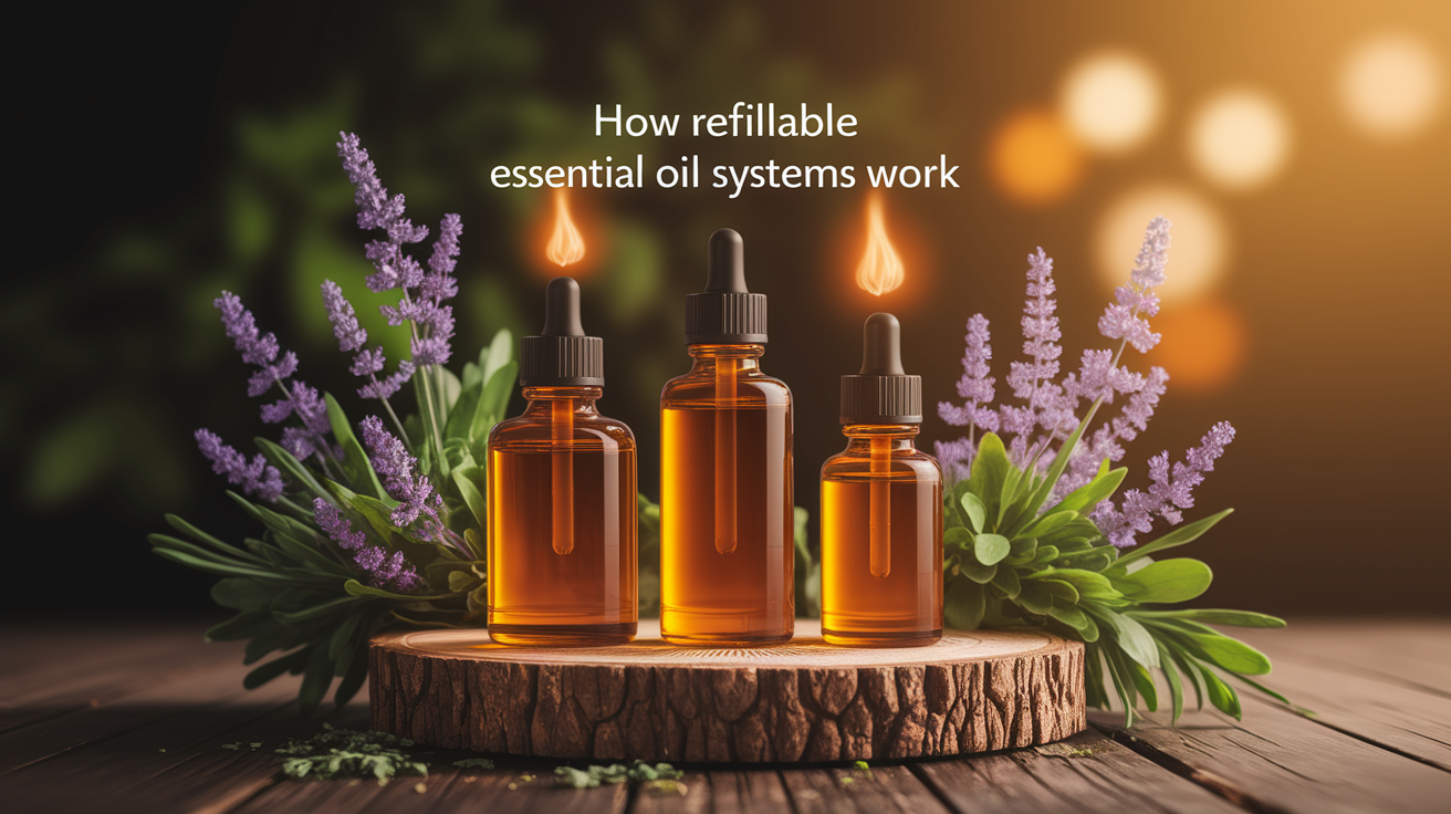 A conceptual illustration representing How Refillable Essential Oil Systems Work. Visualize the main ideas: . Creative but clear representation of the concept. Style: Use shallow depth of field with selective focus to create a professional, intimate feel  Employ warm, natural lighting that casts a honey-golden glow on the main subjects  Position items on a rustic wooden surface, preferably a cross-section of a tree trunk with visible rings and natural texture  Incorporate vibrant green foliage and delicate purple flowers around the composition's edges  Maintain a soft, gently blurred natural background with subtle bokeh effect  Feature a harmonious color palette of amber, deep greens, and soft purples  Arrange elements at varying heights to create visual interest and natural flow  Create a clean, uncluttered composition that feels organic yet intentional  Capture fine details and textures with macro-photography techniques  Evoke a serene, botanical spa-like atmosphere that feels both premium and natural. high quality, detailed, professional, clean composition, good lighting, sharp focus, well-composed. high quality, professional, detailed, well-composed