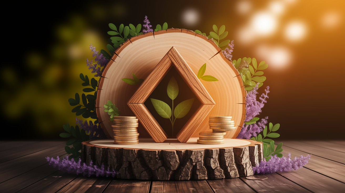 A conceptual illustration representing Eco-Friendly Benefits and Cost Savings. Visualize the main ideas: . Creative but clear representation of the concept. Style: Use shallow depth of field with selective focus to create a professional, intimate feel  Employ warm, natural lighting that casts a honey-golden glow on the main subjects  Position items on a rustic wooden surface, preferably a cross-section of a tree trunk with visible rings and natural texture  Incorporate vibrant green foliage and delicate purple flowers around the composition's edges  Maintain a soft, gently blurred natural background with subtle bokeh effect  Feature a harmonious color palette of amber, deep greens, and soft purples  Arrange elements at varying heights to create visual interest and natural flow  Create a clean, uncluttered composition that feels organic yet intentional  Capture fine details and textures with macro-photography techniques  Evoke a serene, botanical spa-like atmosphere that feels both premium and natural. high quality, detailed, professional, clean composition, good lighting, sharp focus, well-composed. high quality, professional, detailed, well-composed