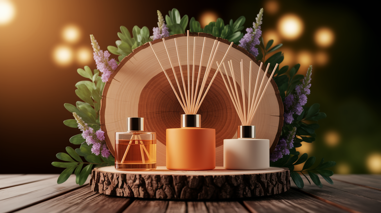 A conceptual illustration representing Types of Refillable Diffusers. Visualize the main ideas: . Creative but clear representation of the concept. Style: Use shallow depth of field with selective focus to create a professional, intimate feel  Employ warm, natural lighting that casts a honey-golden glow on the main subjects  Position items on a rustic wooden surface, preferably a cross-section of a tree trunk with visible rings and natural texture  Incorporate vibrant green foliage and delicate purple flowers around the composition's edges  Maintain a soft, gently blurred natural background with subtle bokeh effect  Feature a harmonious color palette of amber, deep greens, and soft purples  Arrange elements at varying heights to create visual interest and natural flow  Create a clean, uncluttered composition that feels organic yet intentional  Capture fine details and textures with macro-photography techniques  Evoke a serene, botanical spa-like atmosphere that feels both premium and natural. high quality, detailed, professional, clean composition, good lighting, sharp focus, well-composed. high quality, professional, detailed, well-composed