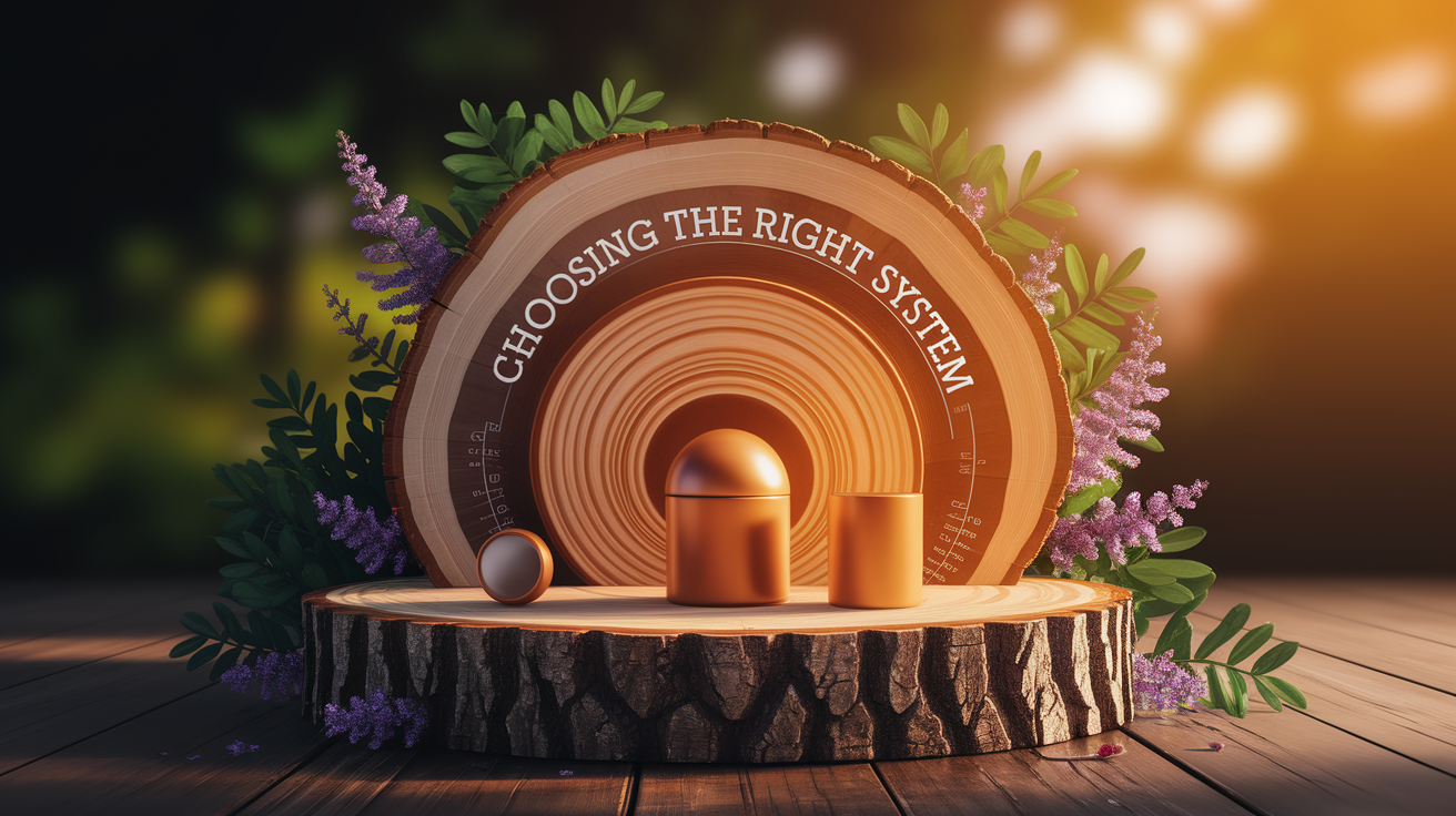 A conceptual illustration representing Choosing the Right System. Visualize the main ideas: . Creative but clear representation of the concept. Style: Use shallow depth of field with selective focus to create a professional, intimate feel  Employ warm, natural lighting that casts a honey-golden glow on the main subjects  Position items on a rustic wooden surface, preferably a cross-section of a tree trunk with visible rings and natural texture  Incorporate vibrant green foliage and delicate purple flowers around the composition's edges  Maintain a soft, gently blurred natural background with subtle bokeh effect  Feature a harmonious color palette of amber, deep greens, and soft purples  Arrange elements at varying heights to create visual interest and natural flow  Create a clean, uncluttered composition that feels organic yet intentional  Capture fine details and textures with macro-photography techniques  Evoke a serene, botanical spa-like atmosphere that feels both premium and natural. high quality, detailed, professional, clean composition, good lighting, sharp focus, well-composed. high quality, professional, detailed, well-composed