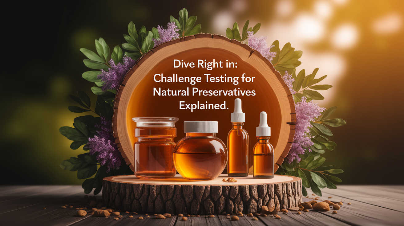 A conceptual illustration representing Dive Right In: Challenge Testing for Natural Preservatives Explained. Visualize the main ideas: . Creative but clear representation of the concept. Style: Use shallow depth of field with selective focus to create a professional, intimate feel Employ warm, natural lighting that casts a honey-golden glow on the main subjects Position items on a rustic wooden surface, preferably a cross-section of a tree trunk with visible rings and natural texture Incorporate vibrant green foliage and delicate purple flowers around the composition's edges Maintain a soft, gently blurred natural background with subtle bokeh effect Feature a harmonious color palette of amber, deep greens, and soft purples Arrange elements at varying heights to create visual interest and natural flow Create a clean, uncluttered composition that feels organic yet intentional Capture fine details and textures with macro-photography techniques Evoke a serene, botanical spa-like atmosphere that feels both premium and natural. high quality, detailed, professional, clean composition, good lighting, sharp focus, well-composed. high quality, professional, detailed, well-composed