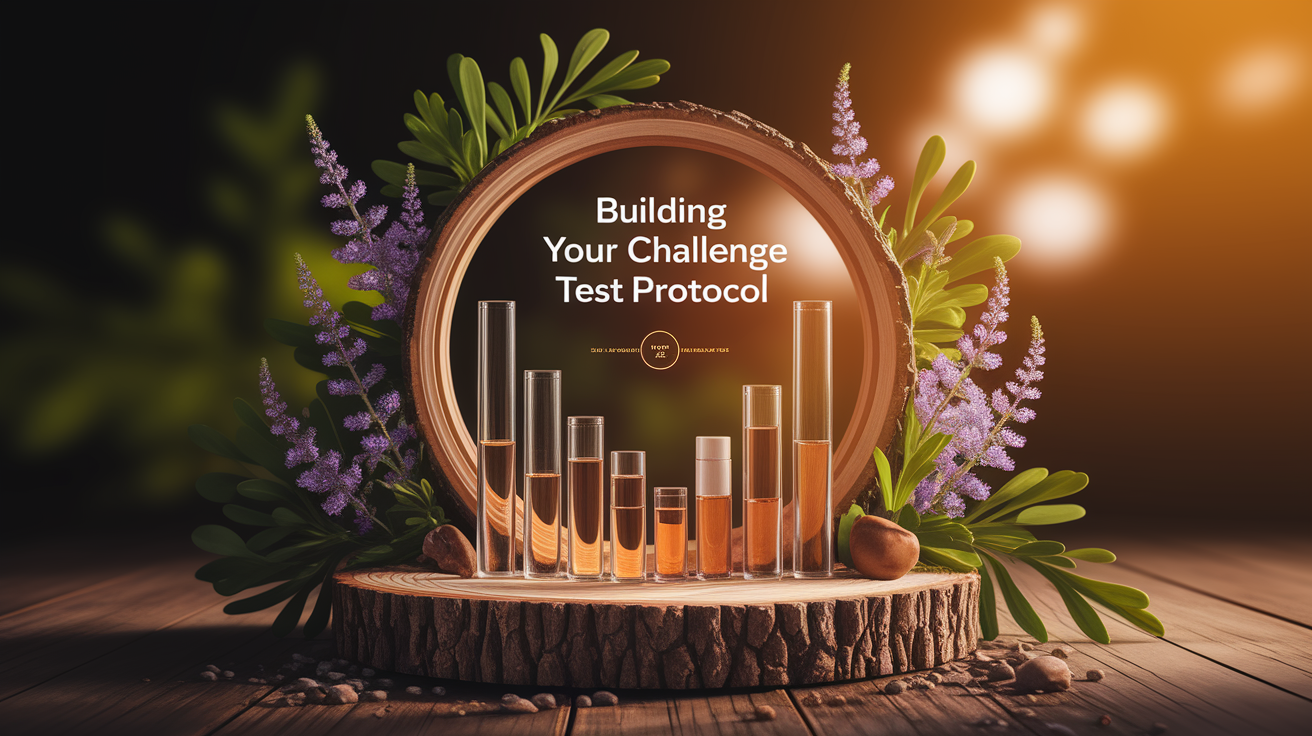A conceptual illustration representing Building Your Challenge Test Protocol. Visualize the main ideas: . Creative but clear representation of the concept. Style: Use shallow depth of field with selective focus to create a professional, intimate feel Employ warm, natural lighting that casts a honey-golden glow on the main subjects Position items on a rustic wooden surface, preferably a cross-section of a tree trunk with visible rings and natural texture Incorporate vibrant green foliage and delicate purple flowers around the composition's edges Maintain a soft, gently blurred natural background with subtle bokeh effect Feature a harmonious color palette of amber, deep greens, and soft purples Arrange elements at varying heights to create visual interest and natural flow Create a clean, uncluttered composition that feels organic yet intentional Capture fine details and textures with macro-photography techniques Evoke a serene, botanical spa-like atmosphere that feels both premium and natural. high quality, detailed, professional, clean composition, good lighting, sharp focus, well-composed. high quality, professional, detailed, well-composed