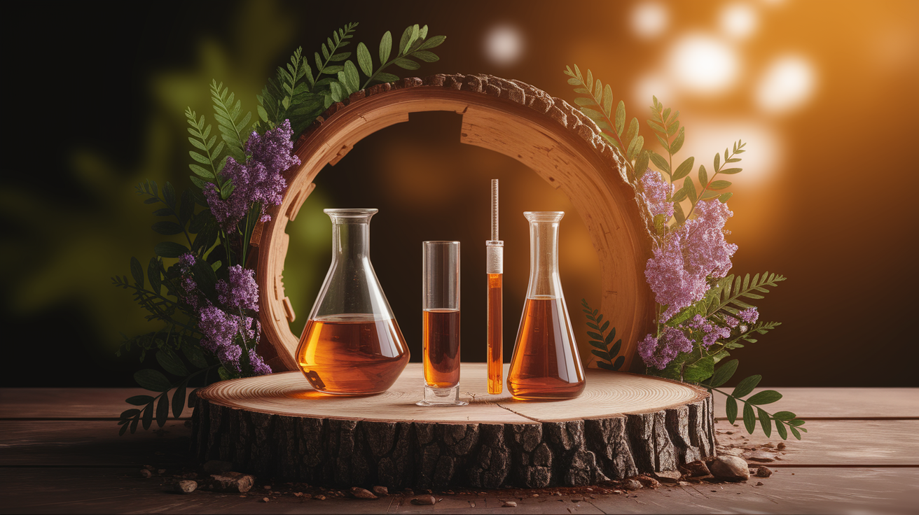 A conceptual illustration representing Carrying Out the Laboratory Test. Visualize the main ideas: . Creative but clear representation of the concept. Style: Use shallow depth of field with selective focus to create a professional, intimate feel Employ warm, natural lighting that casts a honey-golden glow on the main subjects Position items on a rustic wooden surface, preferably a cross-section of a tree trunk with visible rings and natural texture Incorporate vibrant green foliage and delicate purple flowers around the composition's edges Maintain a soft, gently blurred natural background with subtle bokeh effect Feature a harmonious color palette of amber, deep greens, and soft purples Arrange elements at varying heights to create visual interest and natural flow Create a clean, uncluttered composition that feels organic yet intentional Capture fine details and textures with macro-photography techniques Evoke a serene, botanical spa-like atmosphere that feels both premium and natural. high quality, detailed, professional, clean composition, good lighting, sharp focus, well-composed. high quality, professional, detailed, well-composed