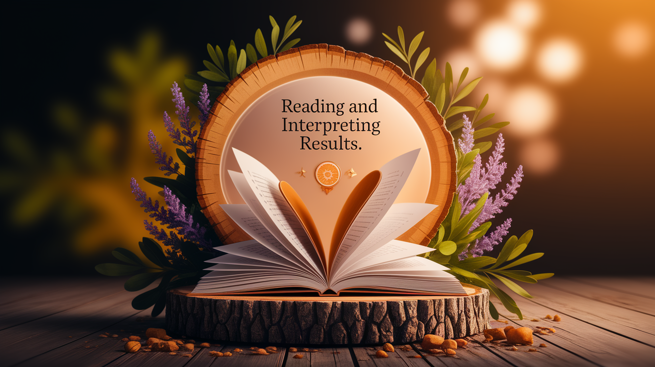 A conceptual illustration representing Reading and Interpreting Results. Visualize the main ideas: . Creative but clear representation of the concept. Style: Use shallow depth of field with selective focus to create a professional, intimate feel Employ warm, natural lighting that casts a honey-golden glow on the main subjects Position items on a rustic wooden surface, preferably a cross-section of a tree trunk with visible rings and natural texture Incorporate vibrant green foliage and delicate purple flowers around the composition's edges Maintain a soft, gently blurred natural background with subtle bokeh effect Feature a harmonious color palette of amber, deep greens, and soft purples Arrange elements at varying heights to create visual interest and natural flow Create a clean, uncluttered composition that feels organic yet intentional Capture fine details and textures with macro-photography techniques Evoke a serene, botanical spa-like atmosphere that feels both premium and natural. high quality, detailed, professional, clean composition, good lighting, sharp focus, well-composed. high quality, professional, detailed, well-composed