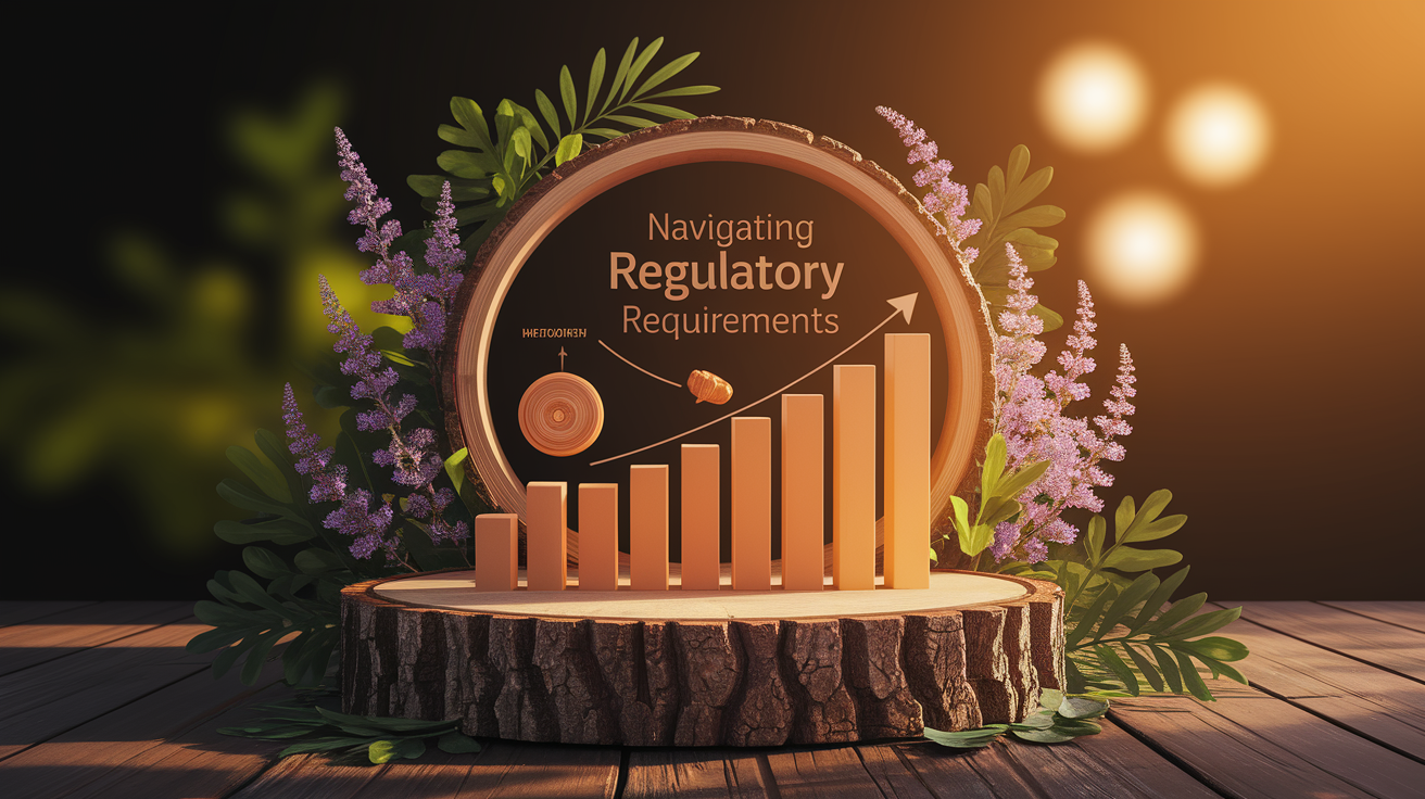 A conceptual illustration representing Navigating Regulatory Requirements. Visualize the main ideas: . Creative but clear representation of the concept. Style: Use shallow depth of field with selective focus to create a professional, intimate feel Employ warm, natural lighting that casts a honey-golden glow on the main subjects Position items on a rustic wooden surface, preferably a cross-section of a tree trunk with visible rings and natural texture Incorporate vibrant green foliage and delicate purple flowers around the composition's edges Maintain a soft, gently blurred natural background with subtle bokeh effect Feature a harmonious color palette of amber, deep greens, and soft purples Arrange elements at varying heights to create visual interest and natural flow Create a clean, uncluttered composition that feels organic yet intentional Capture fine details and textures with macro-photography techniques Evoke a serene, botanical spa-like atmosphere that feels both premium and natural. high quality, detailed, professional, clean composition, good lighting, sharp focus, well-composed. high quality, professional, detailed, well-composed