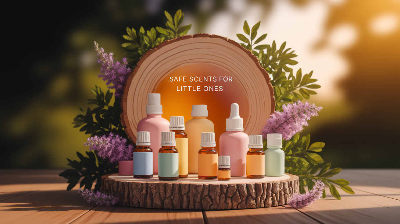 A conceptual illustration representing Introduction – Safe Scents for Little Ones. Visualize the main ideas: . Creative but clear representation of the concept. Style: Use shallow depth of field with selective focus to create a professional, intimate feel Employ warm, natural lighting that casts a honey-golden glow on the main subjects Position items on a rustic wooden surface, preferably a cross-section of a tree trunk with visible rings and natural texture Incorporate vibrant green foliage and delicate purple flowers around the composition's edges Maintain a soft, gently blurred natural background with subtle bokeh effect Feature a harmonious color palette of amber, deep greens, and soft purples Arrange elements at varying heights to create visual interest and natural flow Create a clean, uncluttered composition that feels organic yet intentional Capture fine details and textures with macro-photography techniques Evoke a serene, botanical spa-like atmosphere that feels both premium and natural. high quality, detailed, professional, clean composition, good lighting, sharp focus, well-composed. high quality, professional, detailed, well-composed