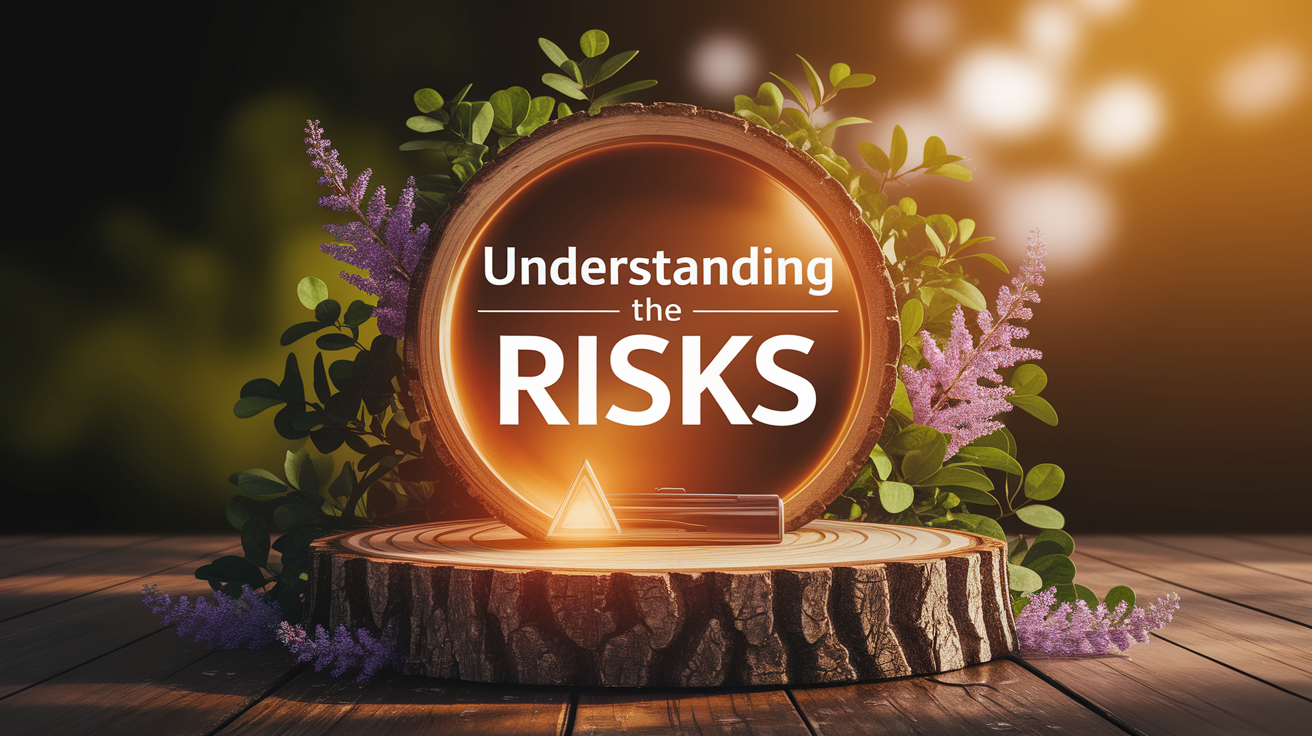A conceptual illustration representing Understanding the Risks. Visualize the main ideas: . Creative but clear representation of the concept. Style: Use shallow depth of field with selective focus to create a professional, intimate feel Employ warm, natural lighting that casts a honey-golden glow on the main subjects Position items on a rustic wooden surface, preferably a cross-section of a tree trunk with visible rings and natural texture Incorporate vibrant green foliage and delicate purple flowers around the composition's edges Maintain a soft, gently blurred natural background with subtle bokeh effect Feature a harmonious color palette of amber, deep greens, and soft purples Arrange elements at varying heights to create visual interest and natural flow Create a clean, uncluttered composition that feels organic yet intentional Capture fine details and textures with macro-photography techniques Evoke a serene, botanical spa-like atmosphere that feels both premium and natural. high quality, detailed, professional, clean composition, good lighting, sharp focus, well-composed. high quality, professional, detailed, well-composed