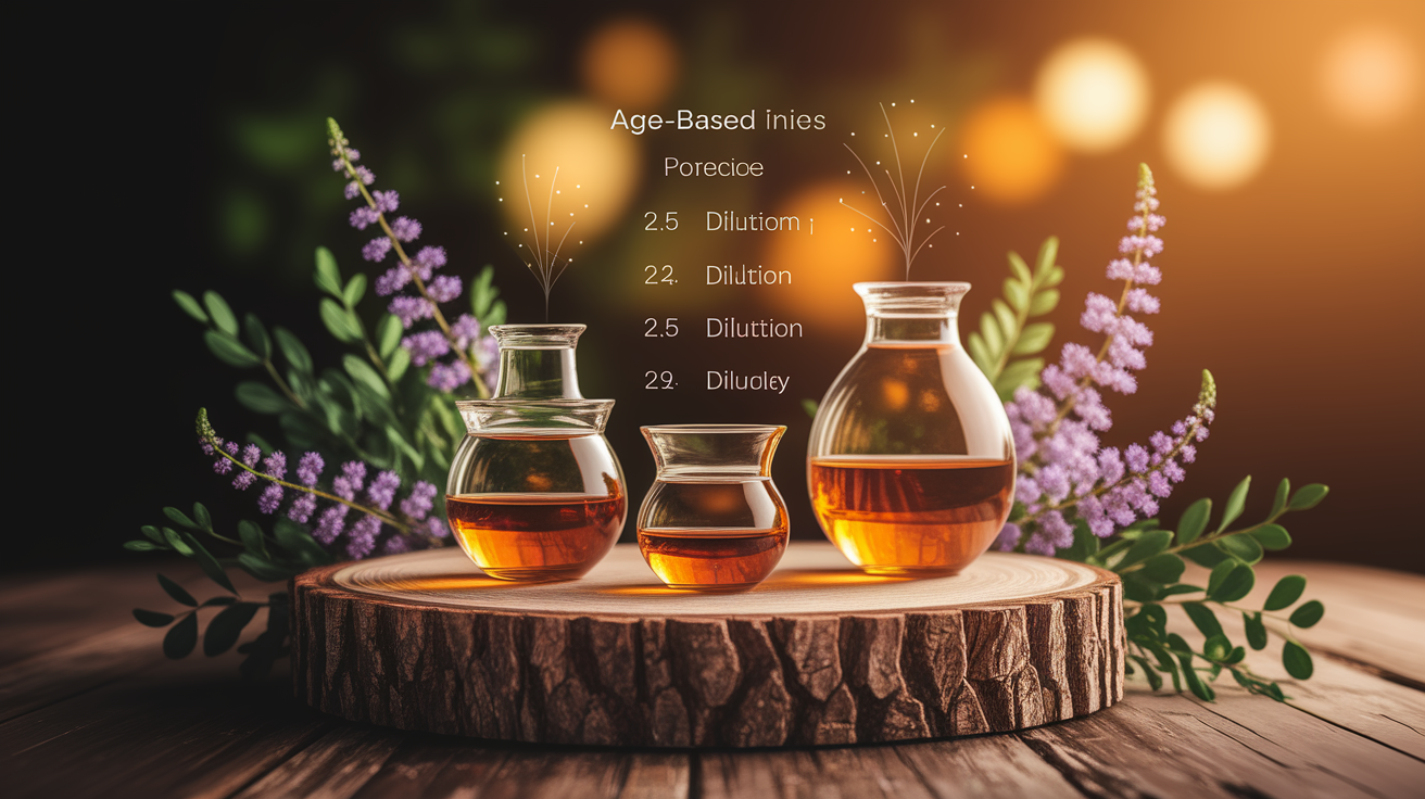 A conceptual illustration representing Age-Based Dilution Guidelines. Visualize the main ideas: . Creative but clear representation of the concept. Style: Use shallow depth of field with selective focus to create a professional, intimate feel Employ warm, natural lighting that casts a honey-golden glow on the main subjects Position items on a rustic wooden surface, preferably a cross-section of a tree trunk with visible rings and natural texture Incorporate vibrant green foliage and delicate purple flowers around the composition's edges Maintain a soft, gently blurred natural background with subtle bokeh effect Feature a harmonious color palette of amber, deep greens, and soft purples Arrange elements at varying heights to create visual interest and natural flow Create a clean, uncluttered composition that feels organic yet intentional Capture fine details and textures with macro-photography techniques Evoke a serene, botanical spa-like atmosphere that feels both premium and natural. high quality, detailed, professional, clean composition, good lighting, sharp focus, well-composed. high quality, professional, detailed, well-composed