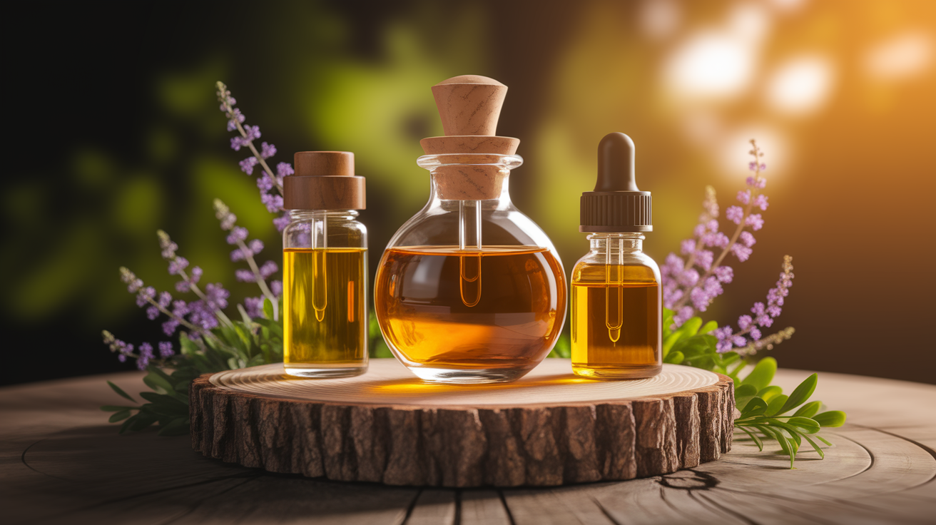 A conceptual illustration representing Oils to Avoid in Childcare. Visualize the main ideas: . Creative but clear representation of the concept. Style: Use shallow depth of field with selective focus to create a professional, intimate feel Employ warm, natural lighting that casts a honey-golden glow on the main subjects Position items on a rustic wooden surface, preferably a cross-section of a tree trunk with visible rings and natural texture Incorporate vibrant green foliage and delicate purple flowers around the composition's edges Maintain a soft, gently blurred natural background with subtle bokeh effect Feature a harmonious color palette of amber, deep greens, and soft purples Arrange elements at varying heights to create visual interest and natural flow Create a clean, uncluttered composition that feels organic yet intentional Capture fine details and textures with macro-photography techniques Evoke a serene, botanical spa-like atmosphere that feels both premium and natural. high quality, detailed, professional, clean composition, good lighting, sharp focus, well-composed. high quality, professional, detailed, well-composed