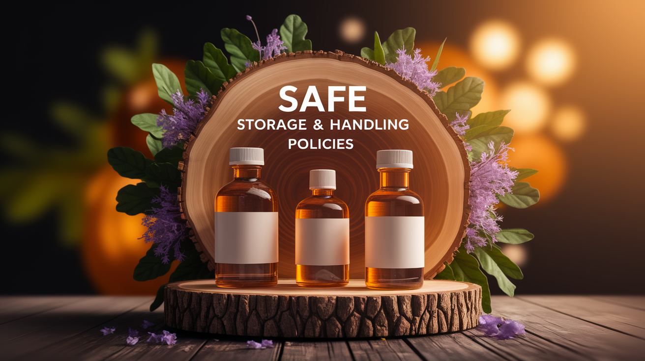 A conceptual illustration representing Safe Storage and Handling Policies. Visualize the main ideas: . Creative but clear representation of the concept. Style: Use shallow depth of field with selective focus to create a professional, intimate feel Employ warm, natural lighting that casts a honey-golden glow on the main subjects Position items on a rustic wooden surface, preferably a cross-section of a tree trunk with visible rings and natural texture Incorporate vibrant green foliage and delicate purple flowers around the composition's edges Maintain a soft, gently blurred natural background with subtle bokeh effect Feature a harmonious color palette of amber, deep greens, and soft purples Arrange elements at varying heights to create visual interest and natural flow Create a clean, uncluttered composition that feels organic yet intentional Capture fine details and textures with macro-photography techniques Evoke a serene, botanical spa-like atmosphere that feels both premium and natural. high quality, detailed, professional, clean composition, good lighting, sharp focus, well-composed. high quality, professional, detailed, well-composed