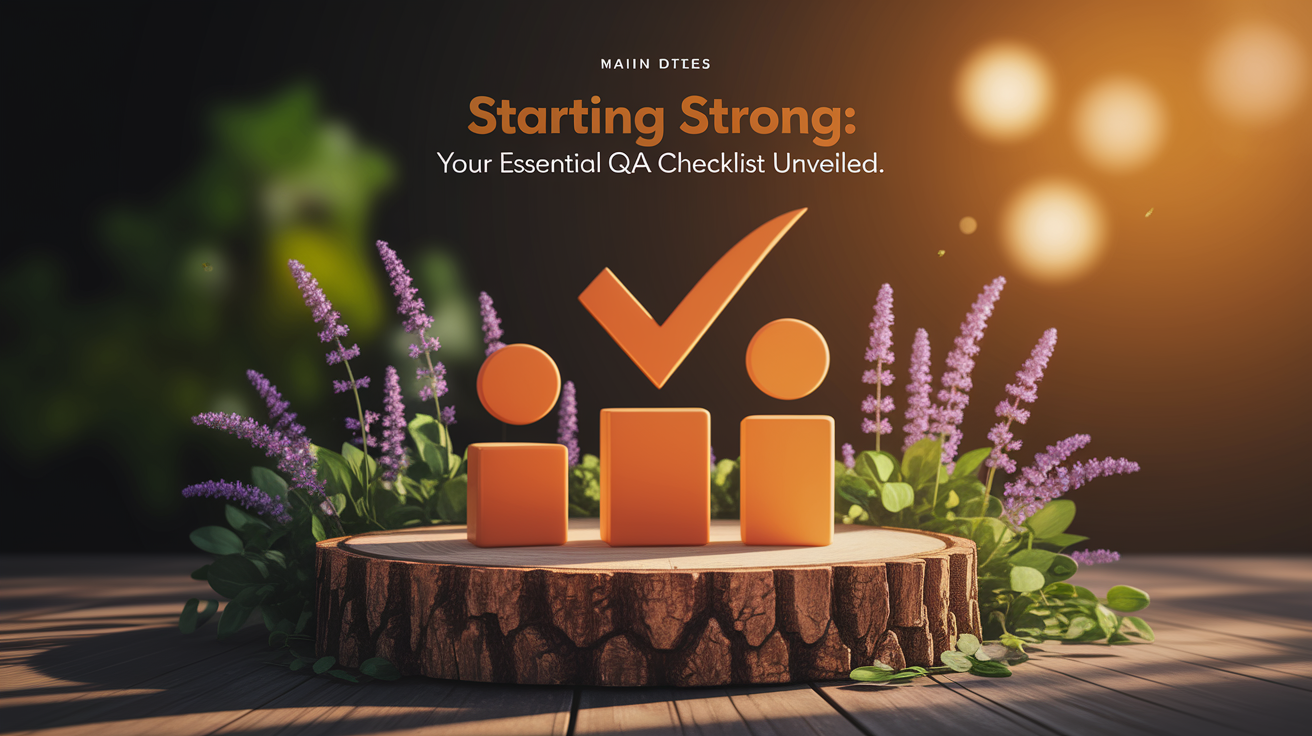 A conceptual illustration representing Starting Strong: Your Essential QA Checklist Unveiled. Visualize the main ideas: . Creative but clear representation of the concept. Style: Use shallow depth of field with selective focus to create a professional, intimate feel Employ warm, natural lighting that casts a honey-golden glow on the main subjects Position items on a rustic wooden surface, preferably a cross-section of a tree trunk with visible rings and natural texture Incorporate vibrant green foliage and delicate purple flowers around the composition's edges Maintain a soft, gently blurred natural background with subtle bokeh effect Feature a harmonious color palette of amber, deep greens, and soft purples Arrange elements at varying heights to create visual interest and natural flow Create a clean, uncluttered composition that feels organic yet intentional Capture fine details and textures with macro-photography techniques Evoke a serene, botanical spa-like atmosphere that feels both premium and natural. high quality, detailed, professional, clean composition, good lighting, sharp focus, well-composed. high quality, professional, detailed, well-composed