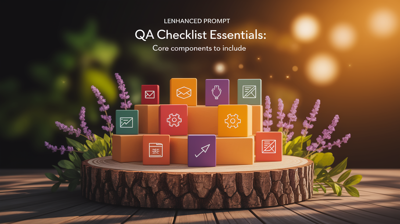 A conceptual illustration representing QA Checklist Essentials: Core Components to Include. Visualize the main ideas: . Creative but clear representation of the concept. Style: Use shallow depth of field with selective focus to create a professional, intimate feel Employ warm, natural lighting that casts a honey-golden glow on the main subjects Position items on a rustic wooden surface, preferably a cross-section of a tree trunk with visible rings and natural texture Incorporate vibrant green foliage and delicate purple flowers around the composition's edges Maintain a soft, gently blurred natural background with subtle bokeh effect Feature a harmonious color palette of amber, deep greens, and soft purples Arrange elements at varying heights to create visual interest and natural flow Create a clean, uncluttered composition that feels organic yet intentional Capture fine details and textures with macro-photography techniques Evoke a serene, botanical spa-like atmosphere that feels both premium and natural. high quality, detailed, professional, clean composition, good lighting, sharp focus, well-composed. high quality, professional, detailed, well-composed