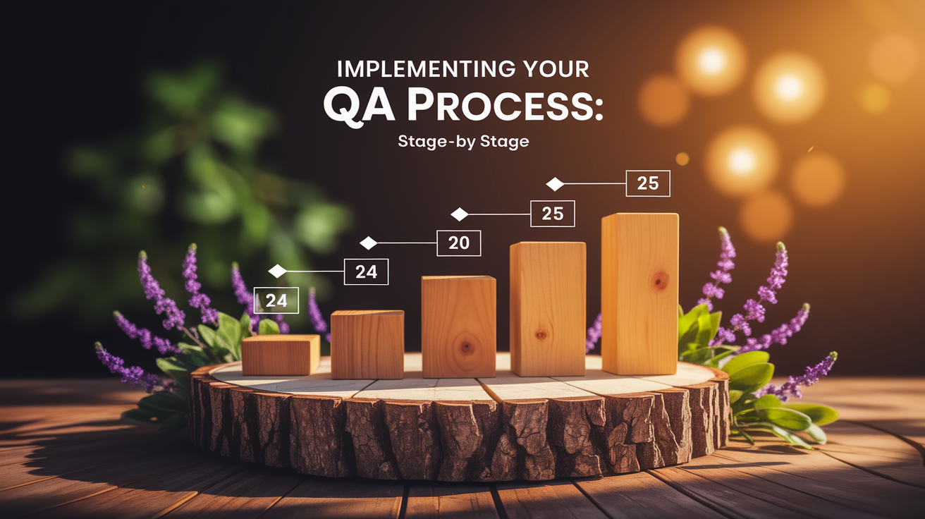 A clear, step-by-step visual illustration showing Implementing Your QA Process: Stage-by-Stage. Focus on . Include visual elements like arrows, numbered steps, or sequential flow. Professional and instructional style. Style: Use shallow depth of field with selective focus to create a professional, intimate feel Employ warm, natural lighting that casts a honey-golden glow on the main subjects Position items on a rustic wooden surface, preferably a cross-section of a tree trunk with visible rings and natural texture Incorporate vibrant green foliage and delicate purple flowers around the composition's edges Maintain a soft, gently blurred natural background with subtle bokeh effect Feature a harmonious color palette of amber, deep greens, and soft purples Arrange elements at varying heights to create visual interest and natural flow Create a clean, uncluttered composition that feels organic yet intentional Capture fine details and textures with macro-photography techniques Evoke a serene, botanical spa-like atmosphere that feels both premium and natural. high quality, detailed, professional, clean composition, good lighting, sharp focus, well-composed. high quality, professional, detailed, well-composed