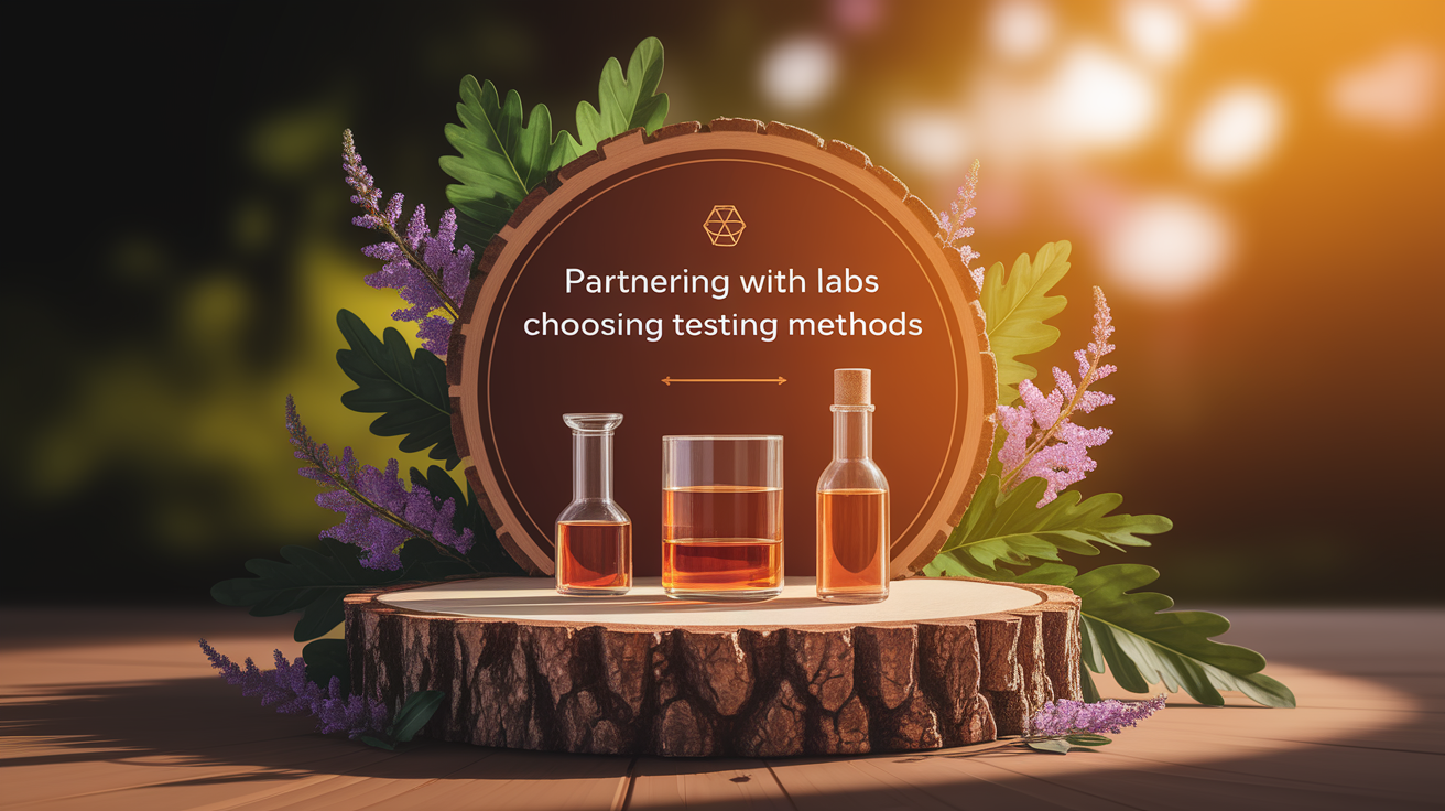 A conceptual illustration representing Partnering with Labs and Choosing Testing Methods. Visualize the main ideas: . Creative but clear representation of the concept. Style: Use shallow depth of field with selective focus to create a professional, intimate feel Employ warm, natural lighting that casts a honey-golden glow on the main subjects Position items on a rustic wooden surface, preferably a cross-section of a tree trunk with visible rings and natural texture Incorporate vibrant green foliage and delicate purple flowers around the composition's edges Maintain a soft, gently blurred natural background with subtle bokeh effect Feature a harmonious color palette of amber, deep greens, and soft purples Arrange elements at varying heights to create visual interest and natural flow Create a clean, uncluttered composition that feels organic yet intentional Capture fine details and textures with macro-photography techniques Evoke a serene, botanical spa-like atmosphere that feels both premium and natural. high quality, detailed, professional, clean composition, good lighting, sharp focus, well-composed. high quality, professional, detailed, well-composed