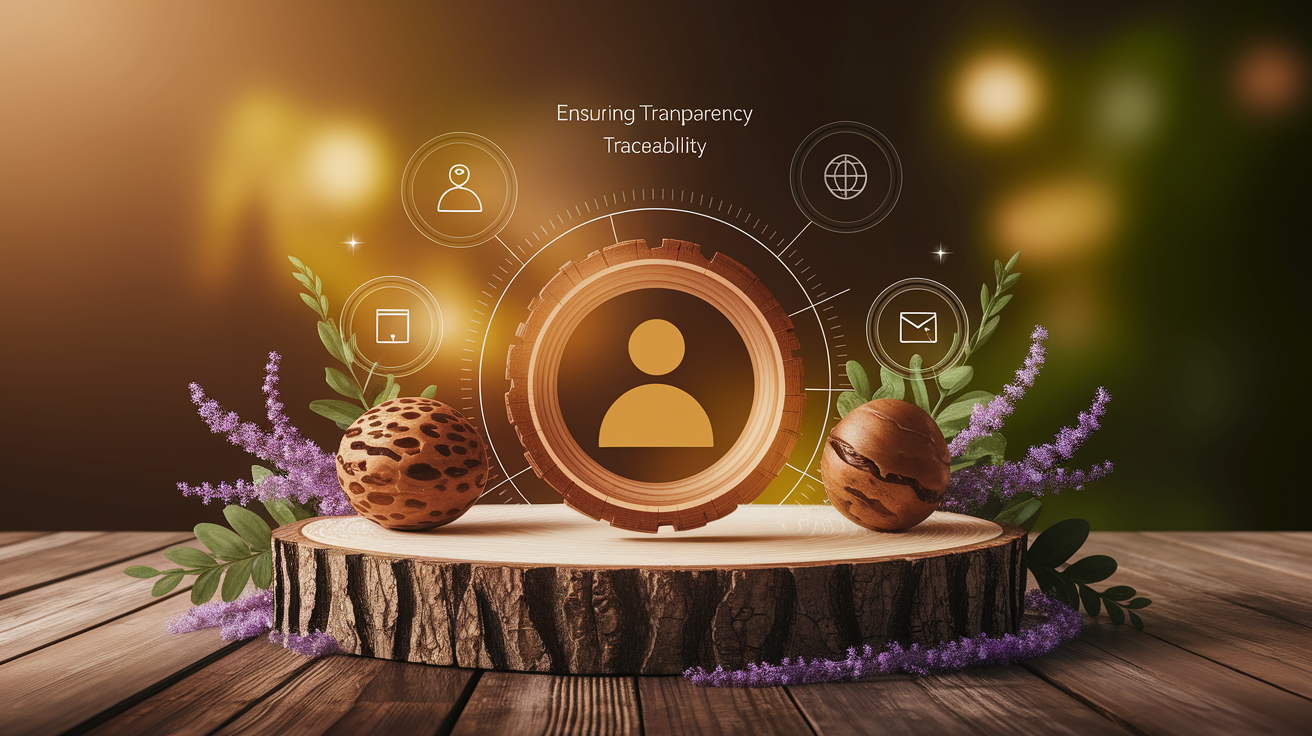 A conceptual illustration representing Ensuring Transparency and Traceability. Visualize the main ideas: . Creative but clear representation of the concept. Style: Use shallow depth of field with selective focus to create a professional, intimate feel Employ warm, natural lighting that casts a honey-golden glow on the main subjects Position items on a rustic wooden surface, preferably a cross-section of a tree trunk with visible rings and natural texture Incorporate vibrant green foliage and delicate purple flowers around the composition's edges Maintain a soft, gently blurred natural background with subtle bokeh effect Feature a harmonious color palette of amber, deep greens, and soft purples Arrange elements at varying heights to create visual interest and natural flow Create a clean, uncluttered composition that feels organic yet intentional Capture fine details and textures with macro-photography techniques Evoke a serene, botanical spa-like atmosphere that feels both premium and natural. high quality, detailed, professional, clean composition, good lighting, sharp focus, well-composed. high quality, professional, detailed, well-composed