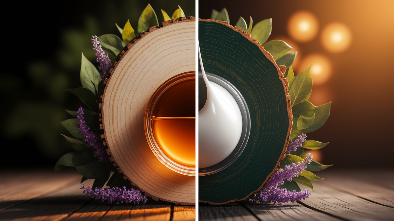 A side-by-side comparison visual for Dive Into Clarity: Why Solubilizers vs Emulsifiers Are Your Formulation Game-Changers. Show contrasting elements: . Use clear visual separation, possibly with split-screen or before/after layout. Style: Use shallow depth of field with selective focus to create a professional, intimate feel Employ warm, natural lighting that casts a honey-golden glow on the main subjects Position items on a rustic wooden surface, preferably a cross-section of a tree trunk with visible rings and natural texture Incorporate vibrant green foliage and delicate purple flowers around the composition's edges Maintain a soft, gently blurred natural background with subtle bokeh effect Feature a harmonious color palette of amber, deep greens, and soft purples Arrange elements at varying heights to create visual interest and natural flow Create a clean, uncluttered composition that feels organic yet intentional Capture fine details and textures with macro-photography techniques Evoke a serene, botanical spa-like atmosphere that feels both premium and natural. high quality, detailed, professional, clean composition, good lighting, sharp focus, well-composed. high quality, professional, detailed, well-composed
