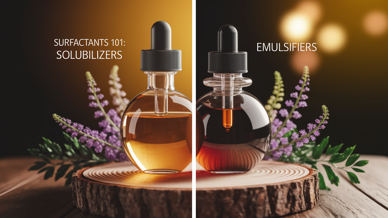 A side-by-side comparison visual for Surfactants 101: Solubilizers vs Emulsifiers. Show contrasting elements: . Use clear visual separation, possibly with split-screen or before/after layout. Style: Use shallow depth of field with selective focus to create a professional, intimate feel Employ warm, natural lighting that casts a honey-golden glow on the main subjects Position items on a rustic wooden surface, preferably a cross-section of a tree trunk with visible rings and natural texture Incorporate vibrant green foliage and delicate purple flowers around the composition's edges Maintain a soft, gently blurred natural background with subtle bokeh effect Feature a harmonious color palette of amber, deep greens, and soft purples Arrange elements at varying heights to create visual interest and natural flow Create a clean, uncluttered composition that feels organic yet intentional Capture fine details and textures with macro-photography techniques Evoke a serene, botanical spa-like atmosphere that feels both premium and natural. high quality, detailed, professional, clean composition, good lighting, sharp focus, well-composed. high quality, professional, detailed, well-composed