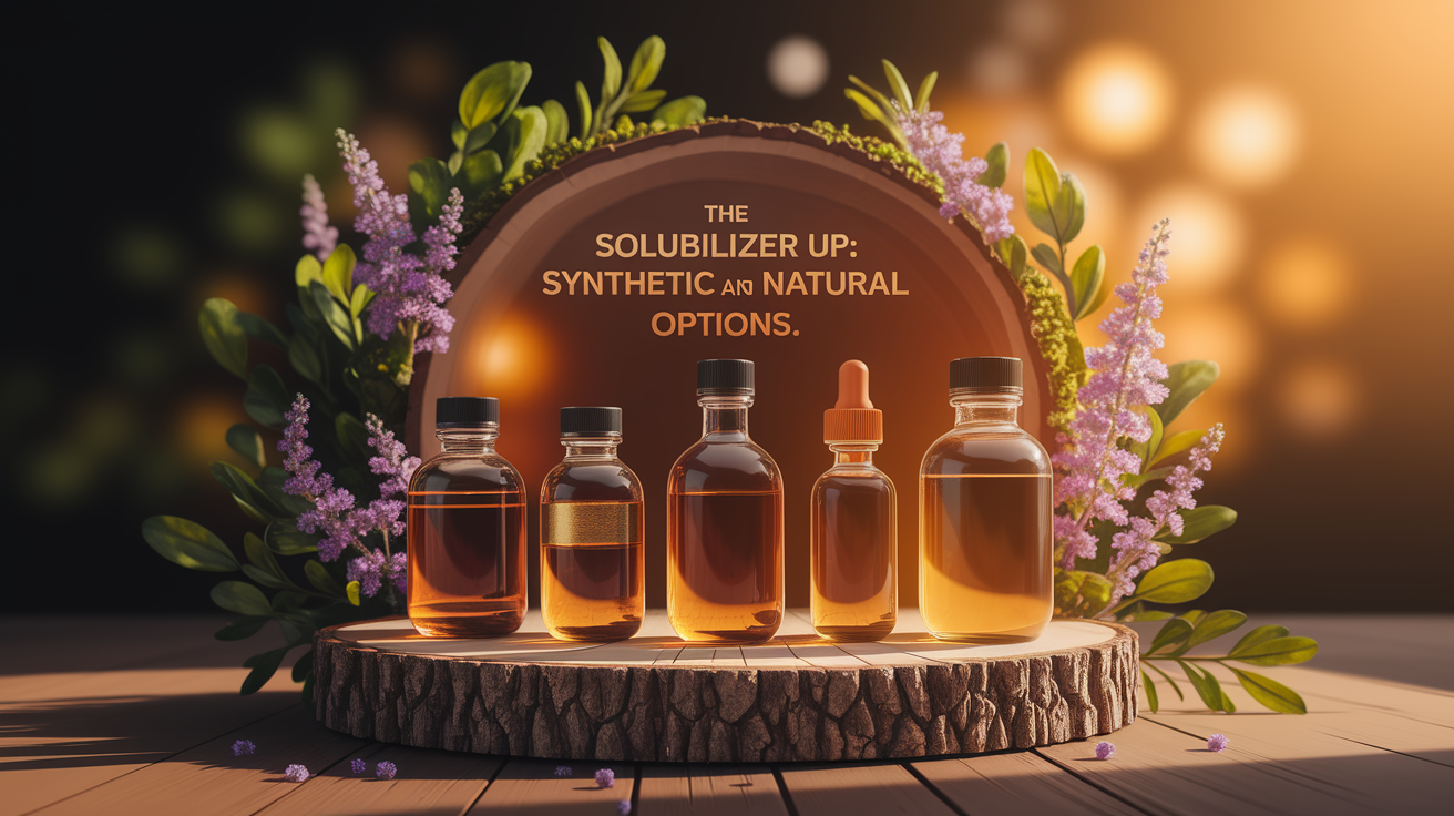 A conceptual illustration representing The Solubilizer Line-up: Synthetic and Natural Options. Visualize the main ideas: . Creative but clear representation of the concept. Style: Use shallow depth of field with selective focus to create a professional, intimate feel Employ warm, natural lighting that casts a honey-golden glow on the main subjects Position items on a rustic wooden surface, preferably a cross-section of a tree trunk with visible rings and natural texture Incorporate vibrant green foliage and delicate purple flowers around the composition's edges Maintain a soft, gently blurred natural background with subtle bokeh effect Feature a harmonious color palette of amber, deep greens, and soft purples Arrange elements at varying heights to create visual interest and natural flow Create a clean, uncluttered composition that feels organic yet intentional Capture fine details and textures with macro-photography techniques Evoke a serene, botanical spa-like atmosphere that feels both premium and natural. high quality, detailed, professional, clean composition, good lighting, sharp focus, well-composed. high quality, professional, detailed, well-composed