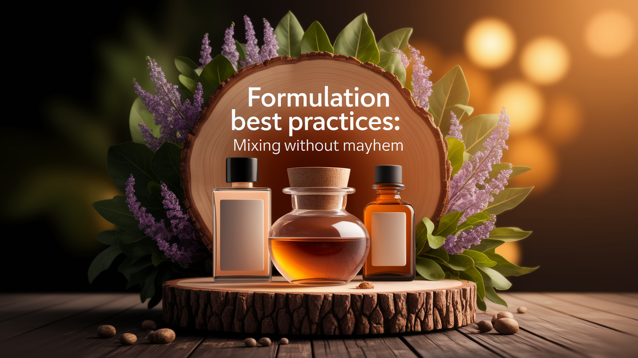 A conceptual illustration representing Formulation Best Practices: Mixing Without Mayhem. Visualize the main ideas: . Creative but clear representation of the concept. Style: Use shallow depth of field with selective focus to create a professional, intimate feel Employ warm, natural lighting that casts a honey-golden glow on the main subjects Position items on a rustic wooden surface, preferably a cross-section of a tree trunk with visible rings and natural texture Incorporate vibrant green foliage and delicate purple flowers around the composition's edges Maintain a soft, gently blurred natural background with subtle bokeh effect Feature a harmonious color palette of amber, deep greens, and soft purples Arrange elements at varying heights to create visual interest and natural flow Create a clean, uncluttered composition that feels organic yet intentional Capture fine details and textures with macro-photography techniques Evoke a serene, botanical spa-like atmosphere that feels both premium and natural. high quality, detailed, professional, clean composition, good lighting, sharp focus, well-composed. high quality, professional, detailed, well-composed