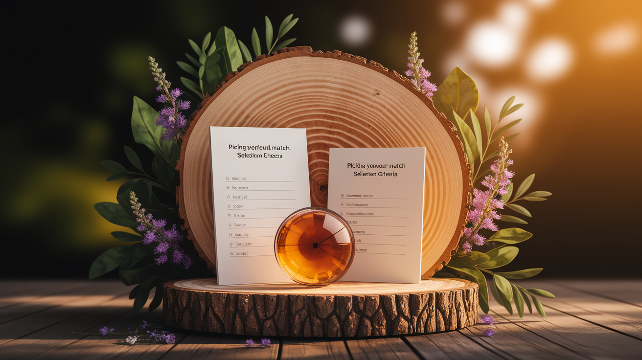 A conceptual illustration representing Picking Your Perfect Match: Selection Criteria. Visualize the main ideas: . Creative but clear representation of the concept. Style: Use shallow depth of field with selective focus to create a professional, intimate feel Employ warm, natural lighting that casts a honey-golden glow on the main subjects Position items on a rustic wooden surface, preferably a cross-section of a tree trunk with visible rings and natural texture Incorporate vibrant green foliage and delicate purple flowers around the composition's edges Maintain a soft, gently blurred natural background with subtle bokeh effect Feature a harmonious color palette of amber, deep greens, and soft purples Arrange elements at varying heights to create visual interest and natural flow Create a clean, uncluttered composition that feels organic yet intentional Capture fine details and textures with macro-photography techniques Evoke a serene, botanical spa-like atmosphere that feels both premium and natural. high quality, detailed, professional, clean composition, good lighting, sharp focus, well-composed. high quality, professional, detailed, well-composed