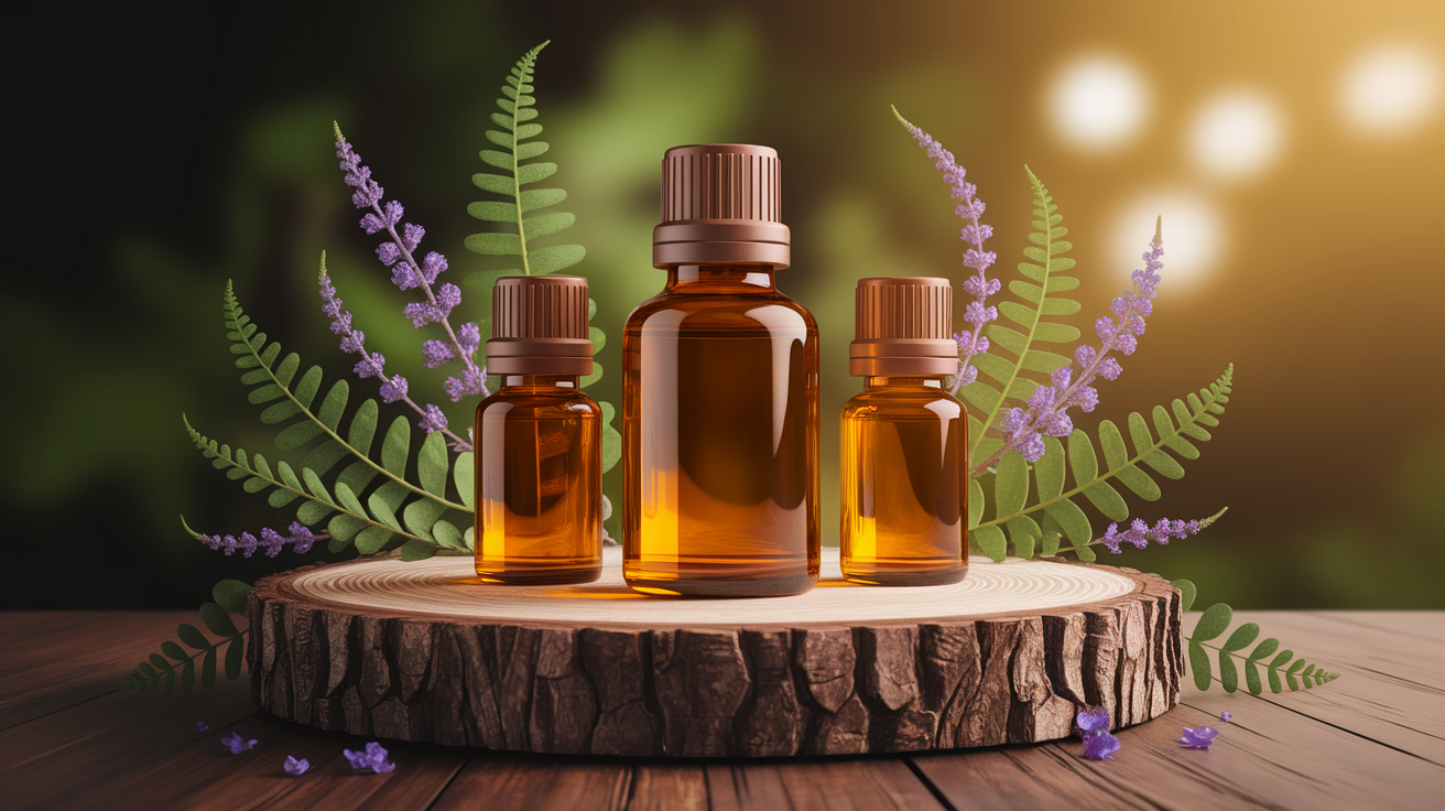 A conceptual illustration representing Green at First Sight: Why Eco-Friendly Essential Oil Packaging Matters. Visualize the main ideas: . Creative but clear representation of the concept. Style: Use shallow depth of field with selective focus to create a professional, intimate feel Employ warm, natural lighting that casts a honey-golden glow on the main subjects Position items on a rustic wooden surface, preferably a cross-section of a tree trunk with visible rings and natural texture Incorporate vibrant green foliage and delicate purple flowers around the composition's edges Maintain a soft, gently blurred natural background with subtle bokeh effect Feature a harmonious color palette of amber, deep greens, and soft purples Arrange elements at varying heights to create visual interest and natural flow Create a clean, uncluttered composition that feels organic yet intentional Capture fine details and textures with macro-photography techniques Evoke a serene, botanical spa-like atmosphere that feels both premium and natural. high quality, detailed, professional, clean composition, good lighting, sharp focus, well-composed. high quality, professional, detailed, well-composed