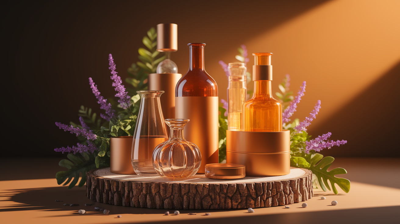 A conceptual illustration representing Choosing the Right Primary Packaging Material. Visualize the main ideas: . Creative but clear representation of the concept. Style: Use shallow depth of field with selective focus to create a professional, intimate feel Employ warm, natural lighting that casts a honey-golden glow on the main subjects Position items on a rustic wooden surface, preferably a cross-section of a tree trunk with visible rings and natural texture Incorporate vibrant green foliage and delicate purple flowers around the composition's edges Maintain a soft, gently blurred natural background with subtle bokeh effect Feature a harmonious color palette of amber, deep greens, and soft purples Arrange elements at varying heights to create visual interest and natural flow Create a clean, uncluttered composition that feels organic yet intentional Capture fine details and textures with macro-photography techniques Evoke a serene, botanical spa-like atmosphere that feels both premium and natural. high quality, detailed, professional, clean composition, good lighting, sharp focus, well-composed. high quality, professional, detailed, well-composed