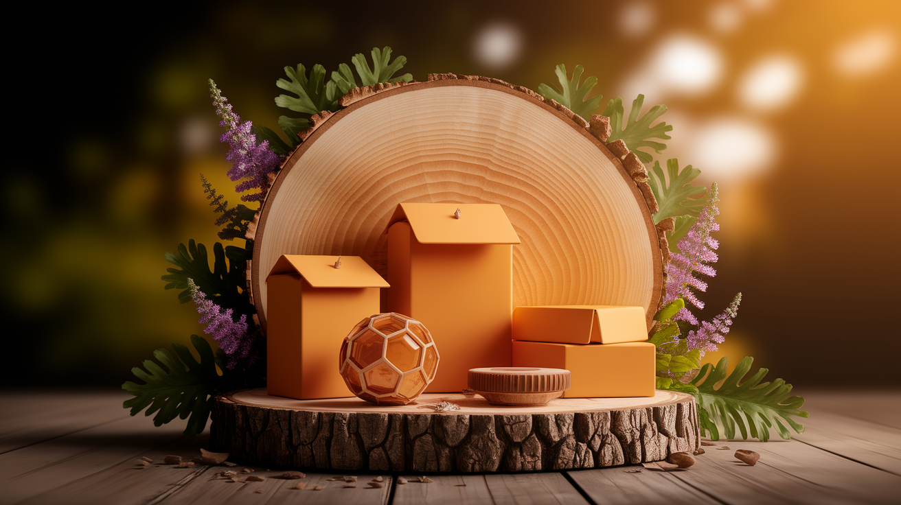 A conceptual illustration representing Sustainable Outer Packaging Solutions. Visualize the main ideas: . Creative but clear representation of the concept. Style: Use shallow depth of field with selective focus to create a professional, intimate feel Employ warm, natural lighting that casts a honey-golden glow on the main subjects Position items on a rustic wooden surface, preferably a cross-section of a tree trunk with visible rings and natural texture Incorporate vibrant green foliage and delicate purple flowers around the composition's edges Maintain a soft, gently blurred natural background with subtle bokeh effect Feature a harmonious color palette of amber, deep greens, and soft purples Arrange elements at varying heights to create visual interest and natural flow Create a clean, uncluttered composition that feels organic yet intentional Capture fine details and textures with macro-photography techniques Evoke a serene, botanical spa-like atmosphere that feels both premium and natural. high quality, detailed, professional, clean composition, good lighting, sharp focus, well-composed. high quality, professional, detailed, well-composed
