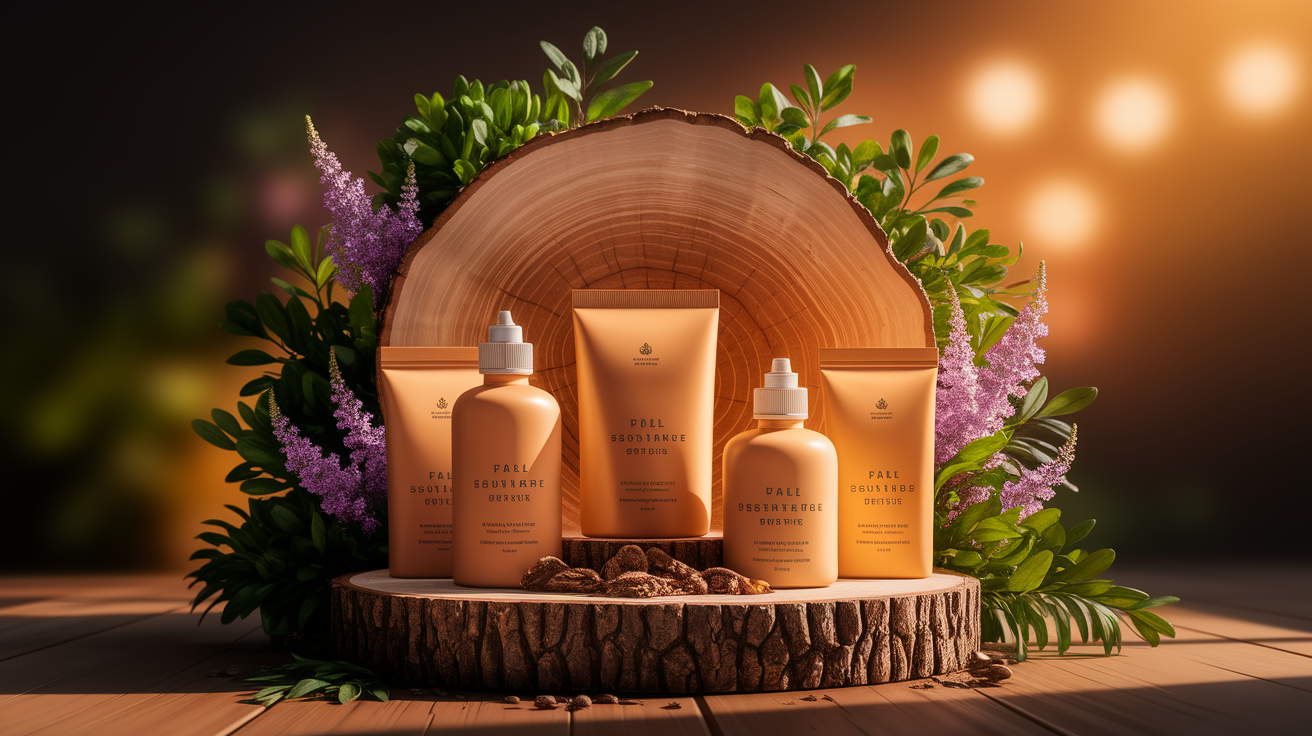 A conceptual illustration representing Brands Leading the Way in Eco-Friendly Packaging. Visualize the main ideas: . Creative but clear representation of the concept. Style: Use shallow depth of field with selective focus to create a professional, intimate feel Employ warm, natural lighting that casts a honey-golden glow on the main subjects Position items on a rustic wooden surface, preferably a cross-section of a tree trunk with visible rings and natural texture Incorporate vibrant green foliage and delicate purple flowers around the composition's edges Maintain a soft, gently blurred natural background with subtle bokeh effect Feature a harmonious color palette of amber, deep greens, and soft purples Arrange elements at varying heights to create visual interest and natural flow Create a clean, uncluttered composition that feels organic yet intentional Capture fine details and textures with macro-photography techniques Evoke a serene, botanical spa-like atmosphere that feels both premium and natural. high quality, detailed, professional, clean composition, good lighting, sharp focus, well-composed. high quality, professional, detailed, well-composed