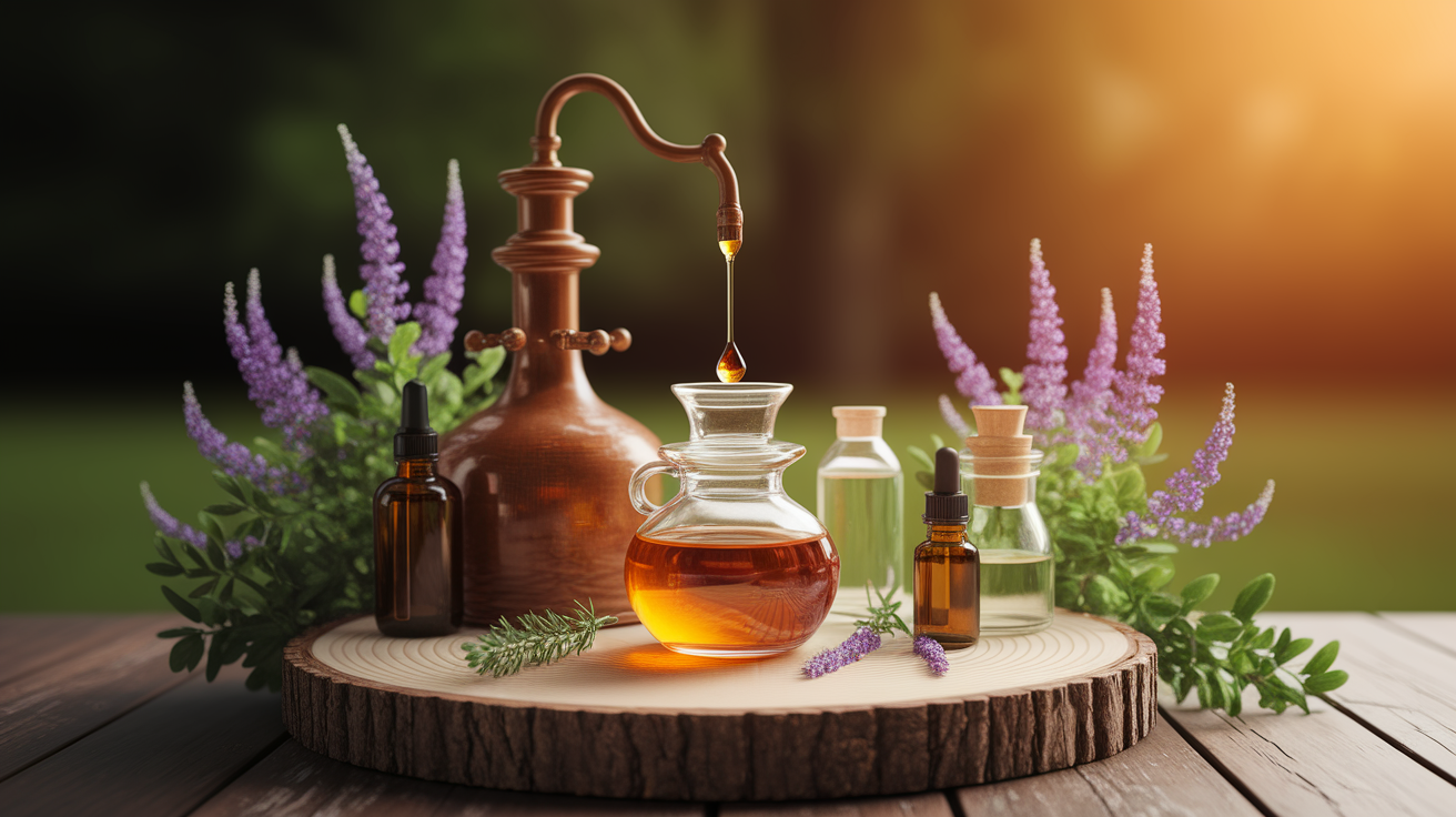 A realistic scene or environment setting for Aromatic Beginnings: Getting Started with Home Distillation. Include in a natural, contextual setting. Show real-world application or usage. Style: Use shallow depth of field with selective focus to create a professional, intimate feel Employ warm, natural lighting that casts a honey-golden glow on the main subjects Position items on a rustic wooden surface, preferably a cross-section of a tree trunk with visible rings and natural texture Incorporate vibrant green foliage and delicate purple flowers around the composition's edges Maintain a soft, gently blurred natural background with subtle bokeh effect Feature a harmonious color palette of amber, deep greens, and soft purples Arrange elements at varying heights to create visual interest and natural flow Create a clean, uncluttered composition that feels organic yet intentional Capture fine details and textures with macro-photography techniques Evoke a serene, botanical spa-like atmosphere that feels both premium and natural. high quality, detailed, professional, clean composition, good lighting, sharp focus, well-composed. high quality, professional, detailed, well-composed