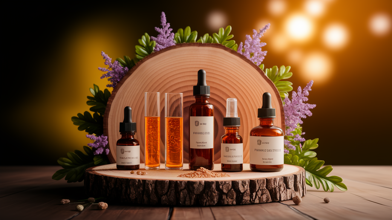 A professional product showcase or technology demonstration for Essential Equipment and Ingredients for Your Home Lab. Highlight . Clean, modern presentation with focus on functionality and design. Style: Use shallow depth of field with selective focus to create a professional, intimate feel Employ warm, natural lighting that casts a honey-golden glow on the main subjects Position items on a rustic wooden surface, preferably a cross-section of a tree trunk with visible rings and natural texture Incorporate vibrant green foliage and delicate purple flowers around the composition's edges Maintain a soft, gently blurred natural background with subtle bokeh effect Feature a harmonious color palette of amber, deep greens, and soft purples Arrange elements at varying heights to create visual interest and natural flow Create a clean, uncluttered composition that feels organic yet intentional Capture fine details and textures with macro-photography techniques Evoke a serene, botanical spa-like atmosphere that feels both premium and natural. high quality, detailed, professional, clean composition, good lighting, sharp focus, well-composed. high quality, professional, detailed, well-composed
