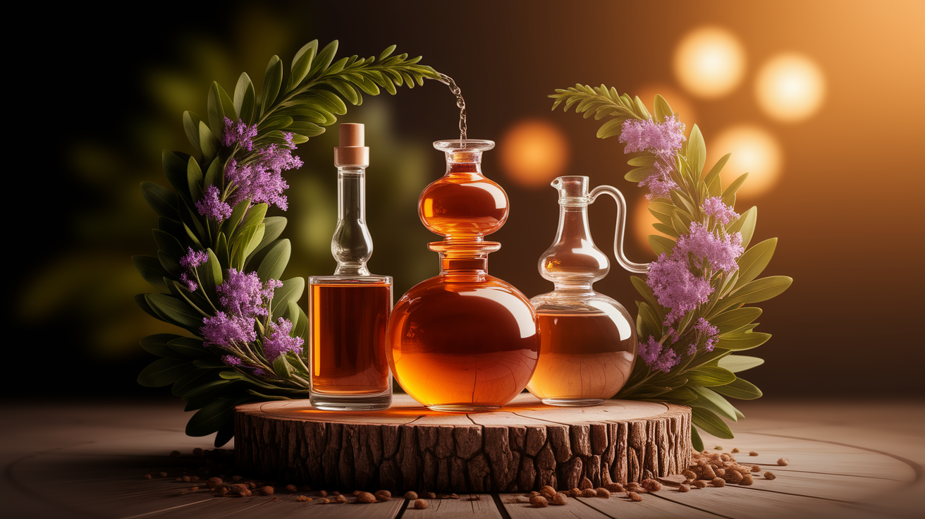 A conceptual illustration representing Methods Simplified: Choosing Your Distillation Technique. Visualize the main ideas: . Creative but clear representation of the concept. Style: Use shallow depth of field with selective focus to create a professional, intimate feel Employ warm, natural lighting that casts a honey-golden glow on the main subjects Position items on a rustic wooden surface, preferably a cross-section of a tree trunk with visible rings and natural texture Incorporate vibrant green foliage and delicate purple flowers around the composition's edges Maintain a soft, gently blurred natural background with subtle bokeh effect Feature a harmonious color palette of amber, deep greens, and soft purples Arrange elements at varying heights to create visual interest and natural flow Create a clean, uncluttered composition that feels organic yet intentional Capture fine details and textures with macro-photography techniques Evoke a serene, botanical spa-like atmosphere that feels both premium and natural. high quality, detailed, professional, clean composition, good lighting, sharp focus, well-composed. high quality, professional, detailed, well-composed