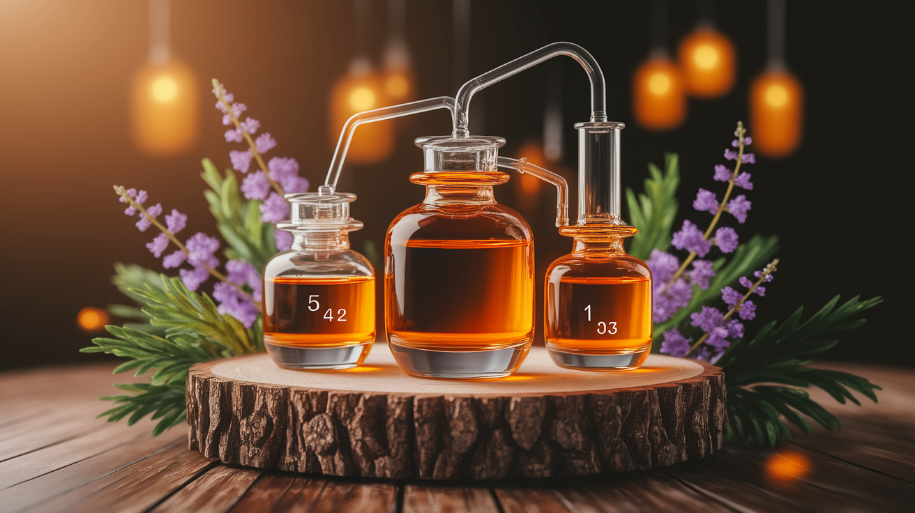 A clear, step-by-step visual illustration showing Step-by-Step Small-Batch Distillation Process. Focus on . Include visual elements like arrows, numbered steps, or sequential flow. Professional and instructional style. Style: Use shallow depth of field with selective focus to create a professional, intimate feel Employ warm, natural lighting that casts a honey-golden glow on the main subjects Position items on a rustic wooden surface, preferably a cross-section of a tree trunk with visible rings and natural texture Incorporate vibrant green foliage and delicate purple flowers around the composition's edges Maintain a soft, gently blurred natural background with subtle bokeh effect Feature a harmonious color palette of amber, deep greens, and soft purples Arrange elements at varying heights to create visual interest and natural flow Create a clean, uncluttered composition that feels organic yet intentional Capture fine details and textures with macro-photography techniques Evoke a serene, botanical spa-like atmosphere that feels both premium and natural. high quality, detailed, professional, clean composition, good lighting, sharp focus, well-composed. high quality, professional, detailed, well-composed