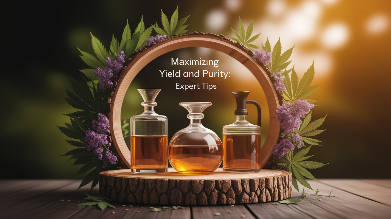 A conceptual illustration representing Maximizing Yield and Purity: Expert Tips. Visualize the main ideas: . Creative but clear representation of the concept. Style: Use shallow depth of field with selective focus to create a professional, intimate feel Employ warm, natural lighting that casts a honey-golden glow on the main subjects Position items on a rustic wooden surface, preferably a cross-section of a tree trunk with visible rings and natural texture Incorporate vibrant green foliage and delicate purple flowers around the composition's edges Maintain a soft, gently blurred natural background with subtle bokeh effect Feature a harmonious color palette of amber, deep greens, and soft purples Arrange elements at varying heights to create visual interest and natural flow Create a clean, uncluttered composition that feels organic yet intentional Capture fine details and textures with macro-photography techniques Evoke a serene, botanical spa-like atmosphere that feels both premium and natural. high quality, detailed, professional, clean composition, good lighting, sharp focus, well-composed. high quality, professional, detailed, well-composed