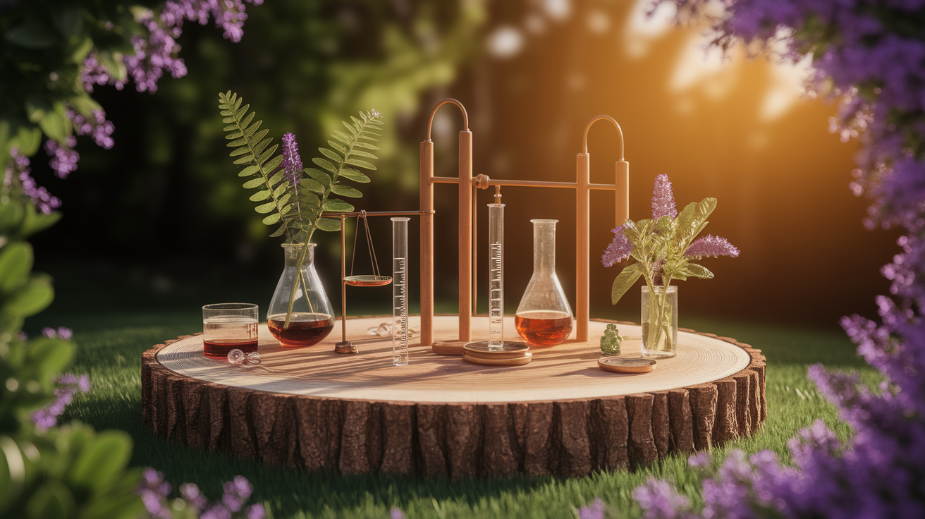 A realistic scene or environment setting for Setting Up Your Lab Space Safely and Efficiently. Include in a natural, contextual setting. Show real-world application or usage. Style: Use shallow depth of field with selective focus to create a professional, intimate feel Employ warm, natural lighting that casts a honey-golden glow on the main subjects Position items on a rustic wooden surface, preferably a cross-section of a tree trunk with visible rings and natural texture Incorporate vibrant green foliage and delicate purple flowers around the composition's edges Maintain a soft, gently blurred natural background with subtle bokeh effect Feature a harmonious color palette of amber, deep greens, and soft purples Arrange elements at varying heights to create visual interest and natural flow Create a clean, uncluttered composition that feels organic yet intentional Capture fine details and textures with macro-photography techniques Evoke a serene, botanical spa-like atmosphere that feels both premium and natural. high quality, detailed, professional, clean composition, good lighting, sharp focus, well-composed. high quality, professional, detailed, well-composed