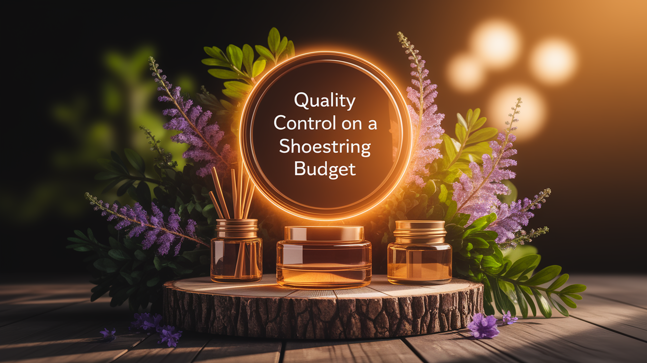A conceptual illustration representing Quality Control on a Shoestring Budget. Visualize the main ideas: . Creative but clear representation of the concept. Style: Use shallow depth of field with selective focus to create a professional, intimate feel Employ warm, natural lighting that casts a honey-golden glow on the main subjects Position items on a rustic wooden surface, preferably a cross-section of a tree trunk with visible rings and natural texture Incorporate vibrant green foliage and delicate purple flowers around the composition's edges Maintain a soft, gently blurred natural background with subtle bokeh effect Feature a harmonious color palette of amber, deep greens, and soft purples Arrange elements at varying heights to create visual interest and natural flow Create a clean, uncluttered composition that feels organic yet intentional Capture fine details and textures with macro-photography techniques Evoke a serene, botanical spa-like atmosphere that feels both premium and natural. high quality, detailed, professional, clean composition, good lighting, sharp focus, well-composed. high quality, professional, detailed, well-composed