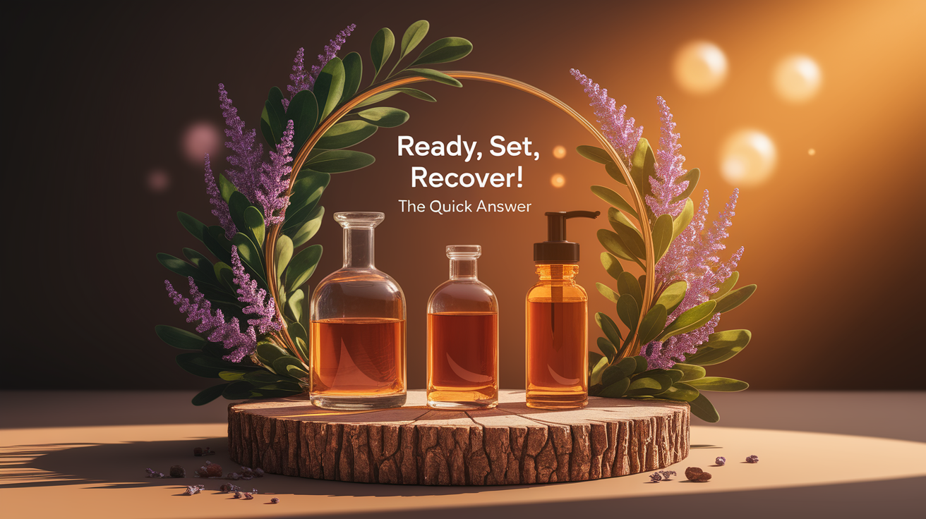 A conceptual illustration representing Ready, Set, Recover! The Quick Answer. Visualize the main ideas: . Creative but clear representation of the concept. Style: Use shallow depth of field with selective focus to create a professional, intimate feel Employ warm, natural lighting that casts a honey-golden glow on the main subjects Position items on a rustic wooden surface, preferably a cross-section of a tree trunk with visible rings and natural texture Incorporate vibrant green foliage and delicate purple flowers around the composition's edges Maintain a soft, gently blurred natural background with subtle bokeh effect Feature a harmonious color palette of amber, deep greens, and soft purples Arrange elements at varying heights to create visual interest and natural flow Create a clean, uncluttered composition that feels organic yet intentional Capture fine details and textures with macro-photography techniques Evoke a serene, botanical spa-like atmosphere that feels both premium and natural. high quality, detailed, professional, clean composition, good lighting, sharp focus, well-composed. high quality, professional, detailed, well-composed