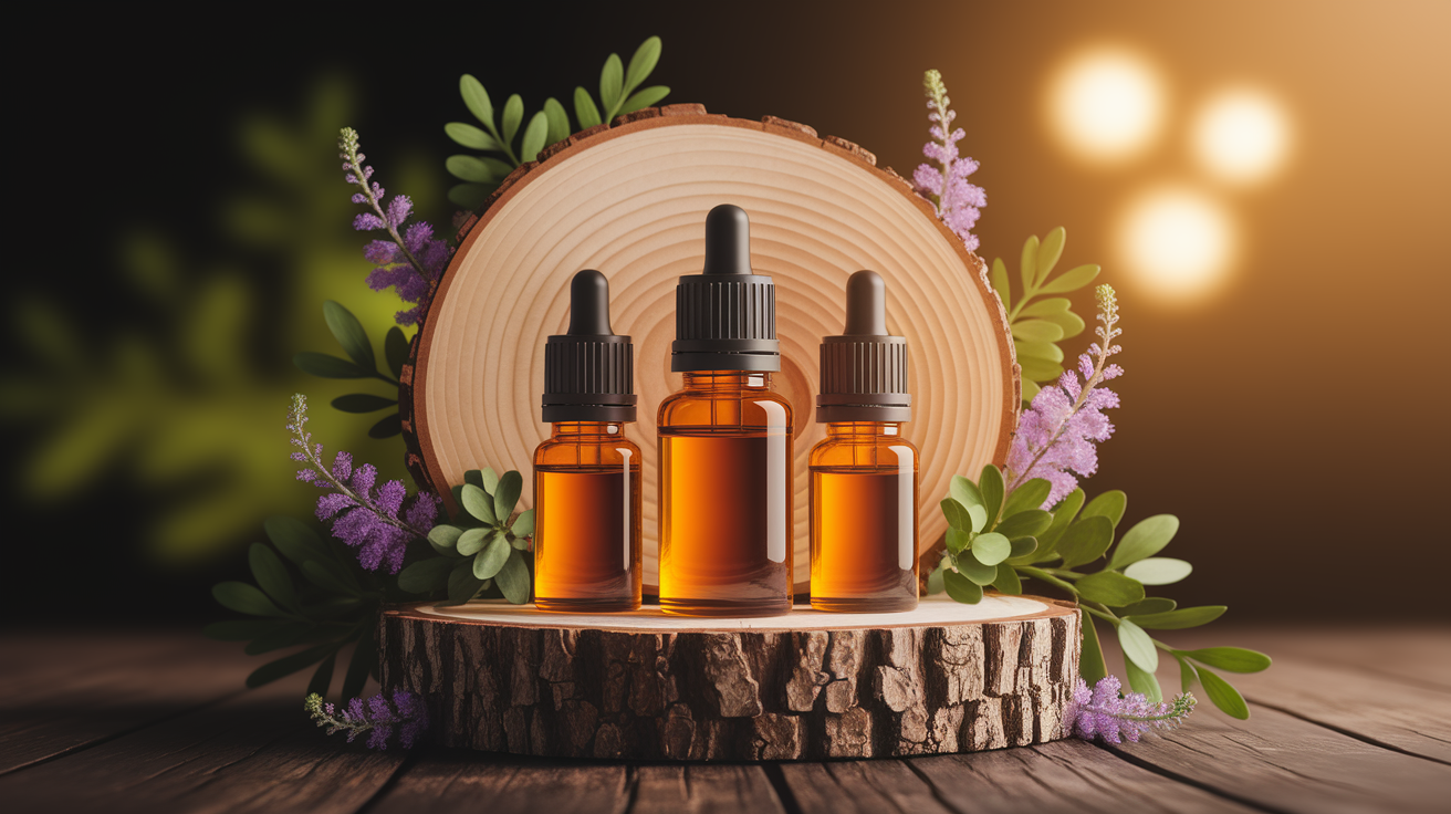 A conceptual illustration representing How Essential Oils Target Injury Prevention. Visualize the main ideas: . Creative but clear representation of the concept. Style: Use shallow depth of field with selective focus to create a professional, intimate feel Employ warm, natural lighting that casts a honey-golden glow on the main subjects Position items on a rustic wooden surface, preferably a cross-section of a tree trunk with visible rings and natural texture Incorporate vibrant green foliage and delicate purple flowers around the composition's edges Maintain a soft, gently blurred natural background with subtle bokeh effect Feature a harmonious color palette of amber, deep greens, and soft purples Arrange elements at varying heights to create visual interest and natural flow Create a clean, uncluttered composition that feels organic yet intentional Capture fine details and textures with macro-photography techniques Evoke a serene, botanical spa-like atmosphere that feels both premium and natural. high quality, detailed, professional, clean composition, good lighting, sharp focus, well-composed. high quality, professional, detailed, well-composed