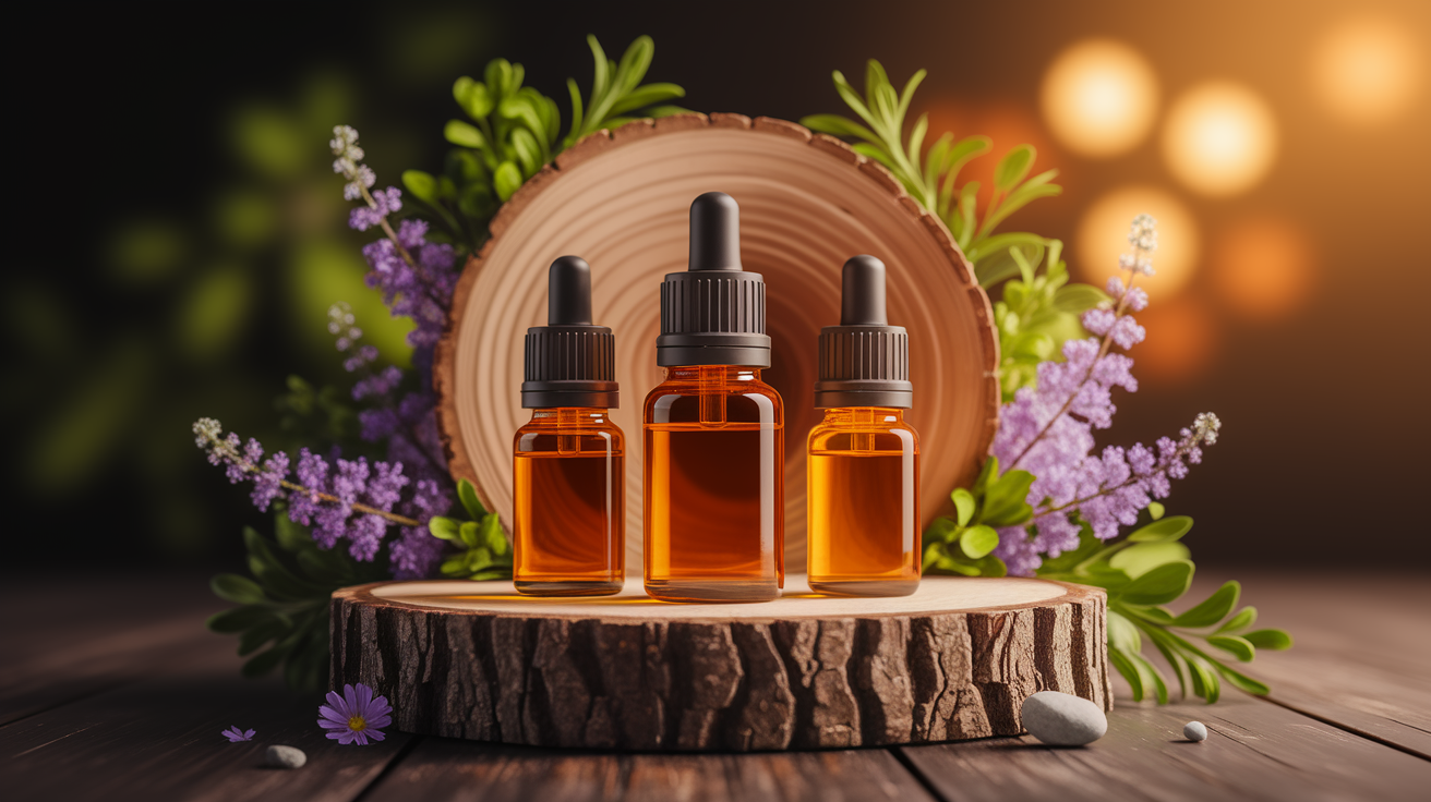 A conceptual illustration representing Top Essential Oils for Prevention and Recovery. Visualize the main ideas: . Creative but clear representation of the concept. Style: Use shallow depth of field with selective focus to create a professional, intimate feel Employ warm, natural lighting that casts a honey-golden glow on the main subjects Position items on a rustic wooden surface, preferably a cross-section of a tree trunk with visible rings and natural texture Incorporate vibrant green foliage and delicate purple flowers around the composition's edges Maintain a soft, gently blurred natural background with subtle bokeh effect Feature a harmonious color palette of amber, deep greens, and soft purples Arrange elements at varying heights to create visual interest and natural flow Create a clean, uncluttered composition that feels organic yet intentional Capture fine details and textures with macro-photography techniques Evoke a serene, botanical spa-like atmosphere that feels both premium and natural. high quality, detailed, professional, clean composition, good lighting, sharp focus, well-composed. high quality, professional, detailed, well-composed