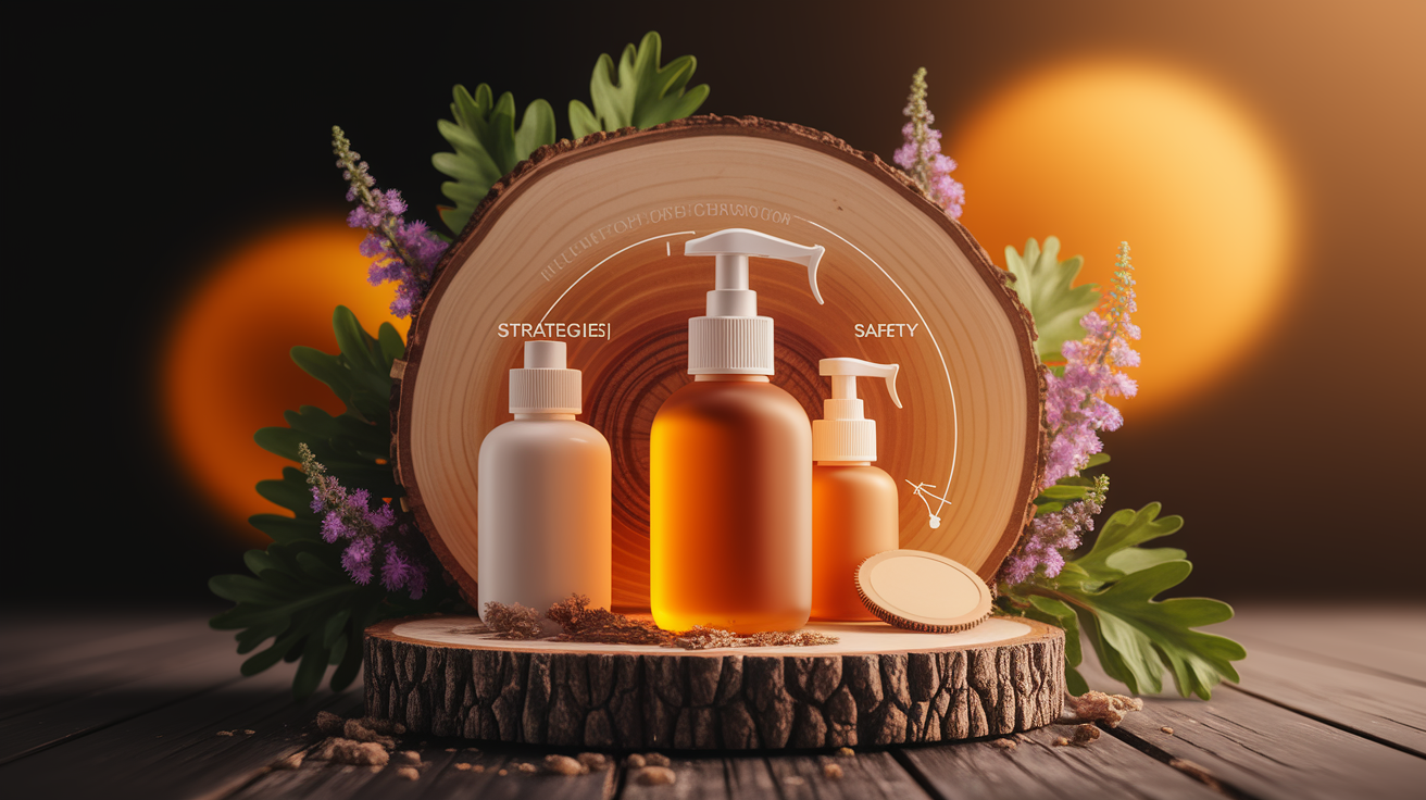 A conceptual illustration representing Application Strategies and Safety Guidelines. Visualize the main ideas: . Creative but clear representation of the concept. Style: Use shallow depth of field with selective focus to create a professional, intimate feel Employ warm, natural lighting that casts a honey-golden glow on the main subjects Position items on a rustic wooden surface, preferably a cross-section of a tree trunk with visible rings and natural texture Incorporate vibrant green foliage and delicate purple flowers around the composition's edges Maintain a soft, gently blurred natural background with subtle bokeh effect Feature a harmonious color palette of amber, deep greens, and soft purples Arrange elements at varying heights to create visual interest and natural flow Create a clean, uncluttered composition that feels organic yet intentional Capture fine details and textures with macro-photography techniques Evoke a serene, botanical spa-like atmosphere that feels both premium and natural. high quality, detailed, professional, clean composition, good lighting, sharp focus, well-composed. high quality, professional, detailed, well-composed