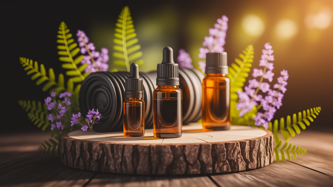 A conceptual illustration representing Integrating Oils into Your Training Routine. Visualize the main ideas: . Creative but clear representation of the concept. Style: Use shallow depth of field with selective focus to create a professional, intimate feel Employ warm, natural lighting that casts a honey-golden glow on the main subjects Position items on a rustic wooden surface, preferably a cross-section of a tree trunk with visible rings and natural texture Incorporate vibrant green foliage and delicate purple flowers around the composition's edges Maintain a soft, gently blurred natural background with subtle bokeh effect Feature a harmonious color palette of amber, deep greens, and soft purples Arrange elements at varying heights to create visual interest and natural flow Create a clean, uncluttered composition that feels organic yet intentional Capture fine details and textures with macro-photography techniques Evoke a serene, botanical spa-like atmosphere that feels both premium and natural. high quality, detailed, professional, clean composition, good lighting, sharp focus, well-composed. high quality, professional, detailed, well-composed
