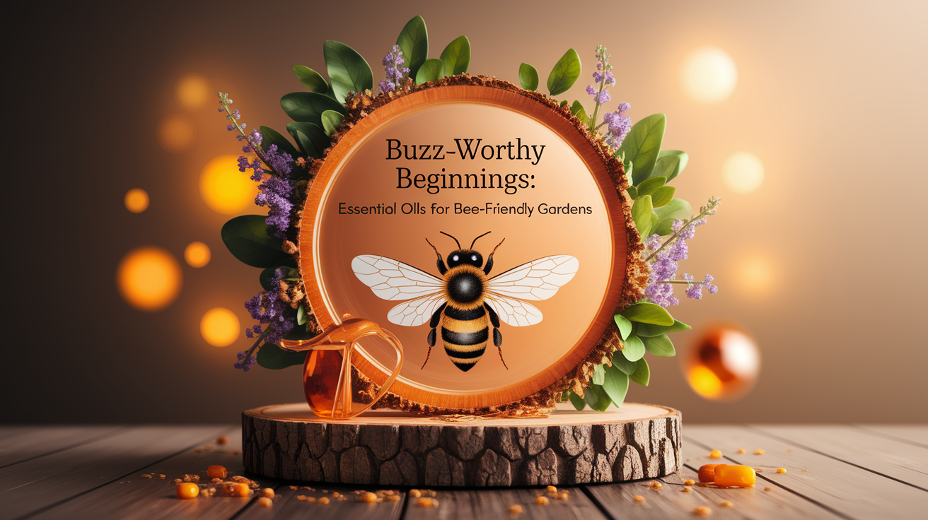 A conceptual illustration representing Buzz-Worthy Beginnings: Essential Oils for Bee-Friendly Gardens. Visualize the main ideas: . Creative but clear representation of the concept. Style: Use shallow depth of field with selective focus to create a professional, intimate feel Employ warm, natural lighting that casts a honey-golden glow on the main subjects Position items on a rustic wooden surface, preferably a cross-section of a tree trunk with visible rings and natural texture Incorporate vibrant green foliage and delicate purple flowers around the composition's edges Maintain a soft, gently blurred natural background with subtle bokeh effect Feature a harmonious color palette of amber, deep greens, and soft purples Arrange elements at varying heights to create visual interest and natural flow Create a clean, uncluttered composition that feels organic yet intentional Capture fine details and textures with macro-photography techniques Evoke a serene, botanical spa-like atmosphere that feels both premium and natural. high quality, detailed, professional, clean composition, good lighting, sharp focus, well-composed. high quality, professional, detailed, well-composed