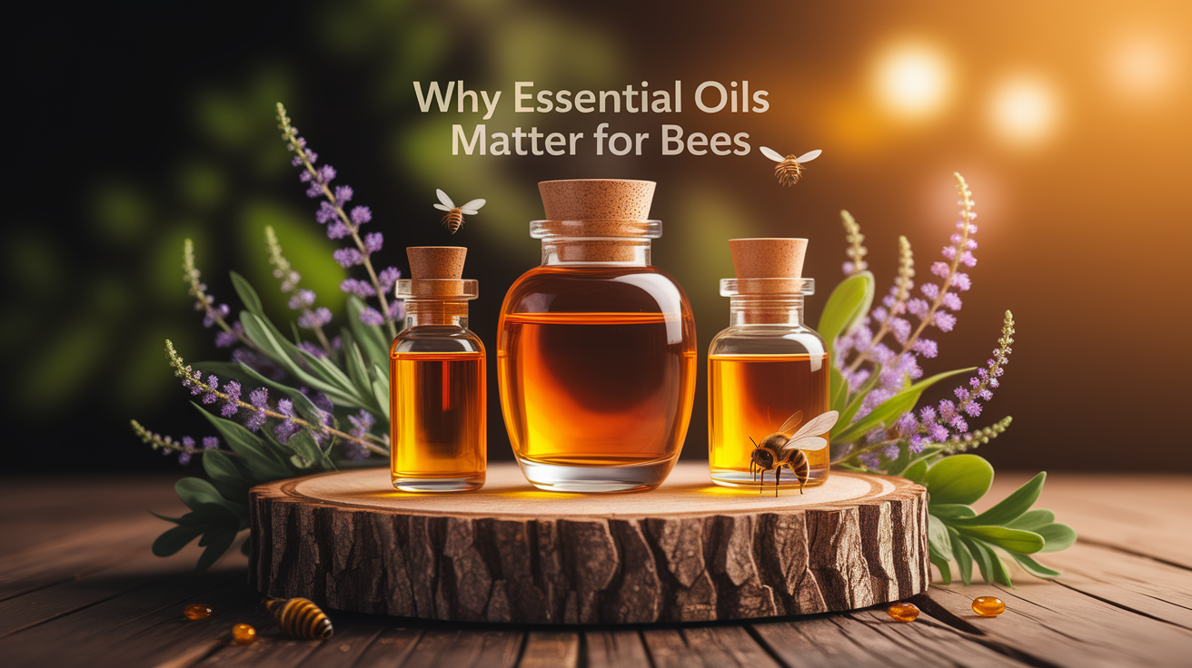 A conceptual illustration representing Why Essential Oils Matter for Bees. Visualize the main ideas: . Creative but clear representation of the concept. Style: Use shallow depth of field with selective focus to create a professional, intimate feel Employ warm, natural lighting that casts a honey-golden glow on the main subjects Position items on a rustic wooden surface, preferably a cross-section of a tree trunk with visible rings and natural texture Incorporate vibrant green foliage and delicate purple flowers around the composition's edges Maintain a soft, gently blurred natural background with subtle bokeh effect Feature a harmonious color palette of amber, deep greens, and soft purples Arrange elements at varying heights to create visual interest and natural flow Create a clean, uncluttered composition that feels organic yet intentional Capture fine details and textures with macro-photography techniques Evoke a serene, botanical spa-like atmosphere that feels both premium and natural. high quality, detailed, professional, clean composition, good lighting, sharp focus, well-composed. high quality, professional, detailed, well-composed