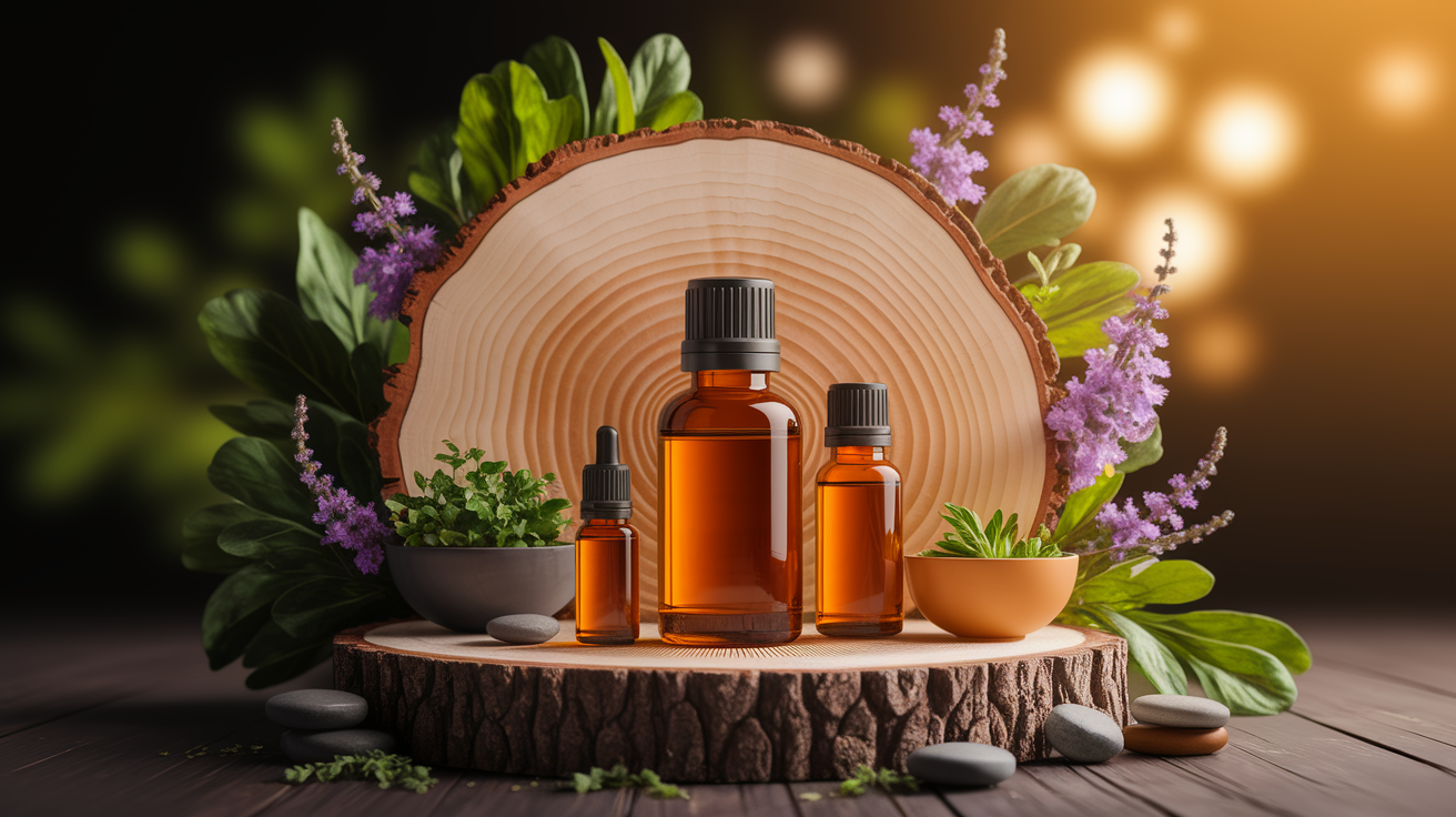 A conceptual illustration representing Choosing the Right Essential Oils. Visualize the main ideas: . Creative but clear representation of the concept. Style: Use shallow depth of field with selective focus to create a professional, intimate feel Employ warm, natural lighting that casts a honey-golden glow on the main subjects Position items on a rustic wooden surface, preferably a cross-section of a tree trunk with visible rings and natural texture Incorporate vibrant green foliage and delicate purple flowers around the composition's edges Maintain a soft, gently blurred natural background with subtle bokeh effect Feature a harmonious color palette of amber, deep greens, and soft purples Arrange elements at varying heights to create visual interest and natural flow Create a clean, uncluttered composition that feels organic yet intentional Capture fine details and textures with macro-photography techniques Evoke a serene, botanical spa-like atmosphere that feels both premium and natural. high quality, detailed, professional, clean composition, good lighting, sharp focus, well-composed. high quality, professional, detailed, well-composed