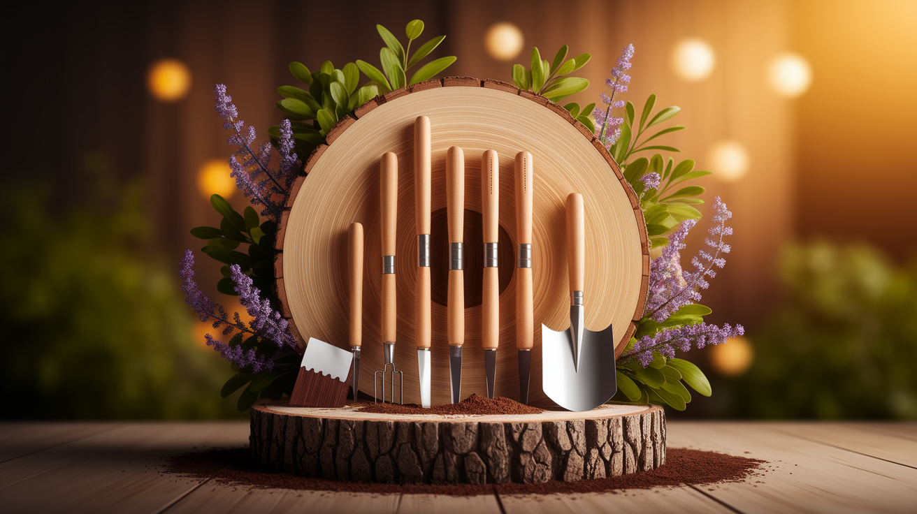 A conceptual illustration representing Application Techniques in the Garden. Visualize the main ideas: . Creative but clear representation of the concept. Style: Use shallow depth of field with selective focus to create a professional, intimate feel Employ warm, natural lighting that casts a honey-golden glow on the main subjects Position items on a rustic wooden surface, preferably a cross-section of a tree trunk with visible rings and natural texture Incorporate vibrant green foliage and delicate purple flowers around the composition's edges Maintain a soft, gently blurred natural background with subtle bokeh effect Feature a harmonious color palette of amber, deep greens, and soft purples Arrange elements at varying heights to create visual interest and natural flow Create a clean, uncluttered composition that feels organic yet intentional Capture fine details and textures with macro-photography techniques Evoke a serene, botanical spa-like atmosphere that feels both premium and natural. high quality, detailed, professional, clean composition, good lighting, sharp focus, well-composed. high quality, professional, detailed, well-composed
