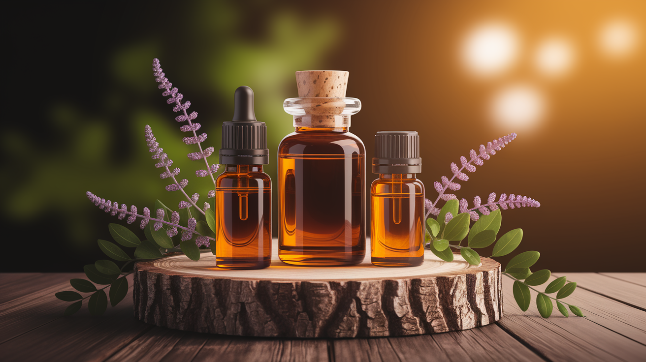 A conceptual illustration representing Companion Planting with Essential-Oil-Producing Species. Visualize the main ideas: . Creative but clear representation of the concept. Style: Use shallow depth of field with selective focus to create a professional, intimate feel Employ warm, natural lighting that casts a honey-golden glow on the main subjects Position items on a rustic wooden surface, preferably a cross-section of a tree trunk with visible rings and natural texture Incorporate vibrant green foliage and delicate purple flowers around the composition's edges Maintain a soft, gently blurred natural background with subtle bokeh effect Feature a harmonious color palette of amber, deep greens, and soft purples Arrange elements at varying heights to create visual interest and natural flow Create a clean, uncluttered composition that feels organic yet intentional Capture fine details and textures with macro-photography techniques Evoke a serene, botanical spa-like atmosphere that feels both premium and natural. high quality, detailed, professional, clean composition, good lighting, sharp focus, well-composed. high quality, professional, detailed, well-composed